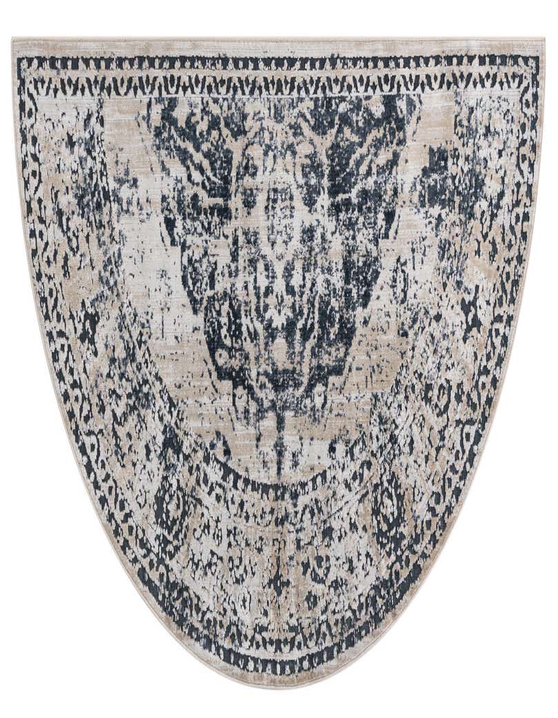 A 3'x6' hearth-shaped rug featuring a distressed traditional medallion pattern in shades of blue and beige.