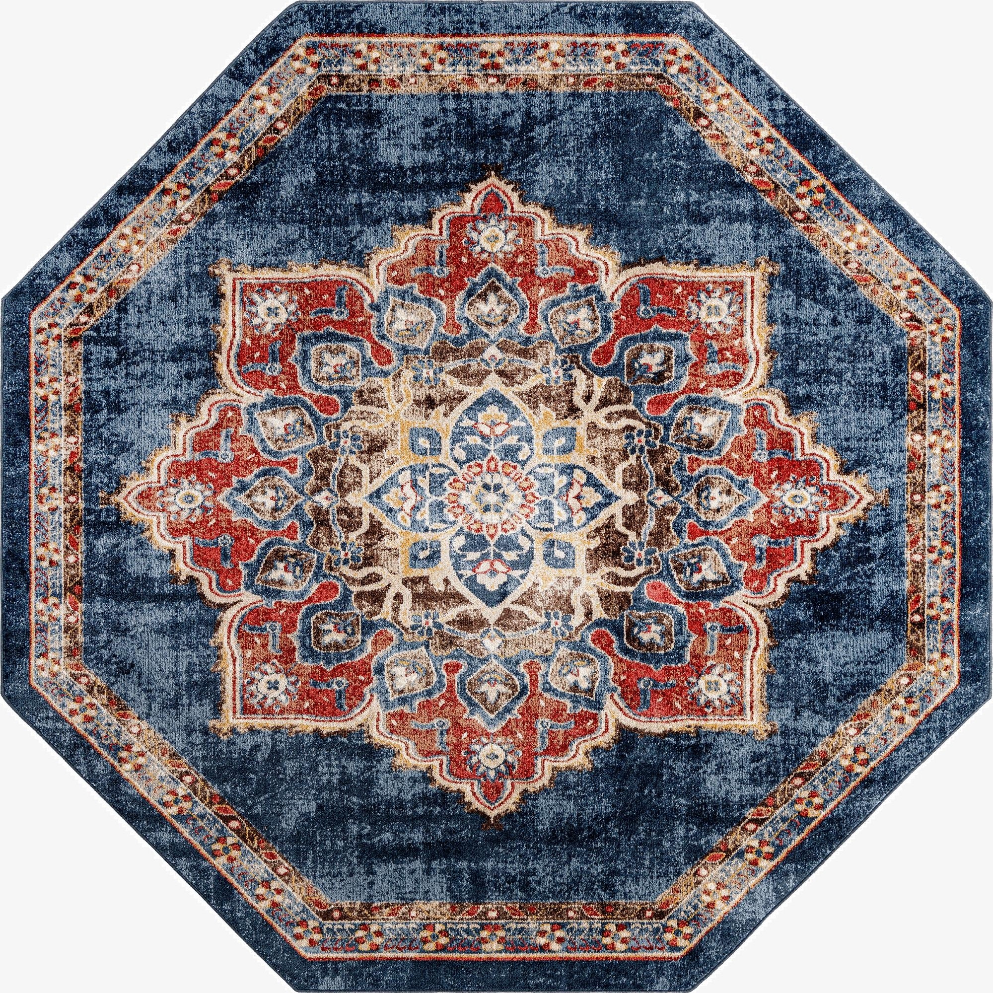 An 8' 0 x 8' 0 octagon blue rug with a distressed traditional medallion pattern in red, gold, and light blue.