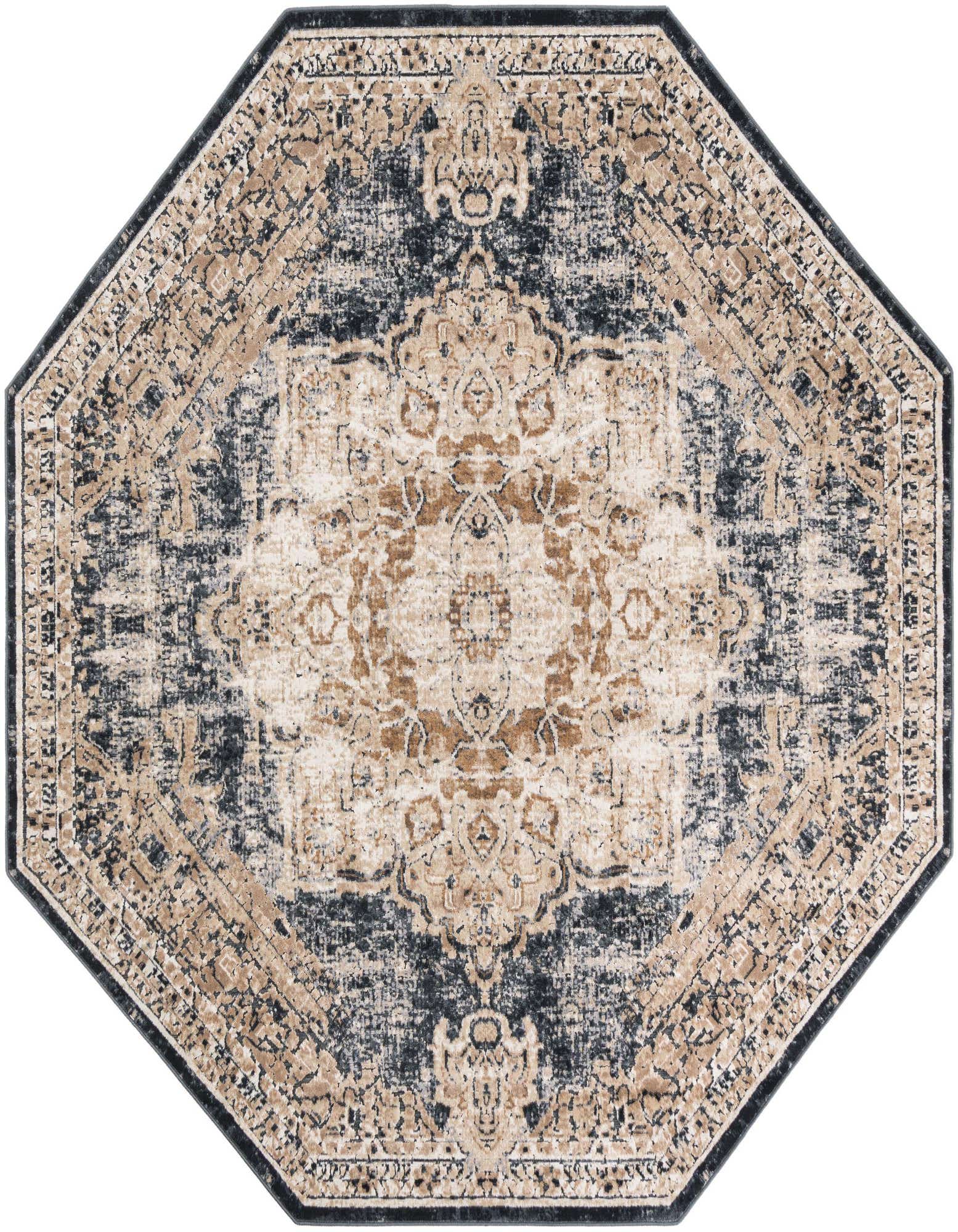 An octagon-shaped Eliza rug featuring a distressed medallion pattern in shades of blue, beige, and brown, ideal for an indoor living space.