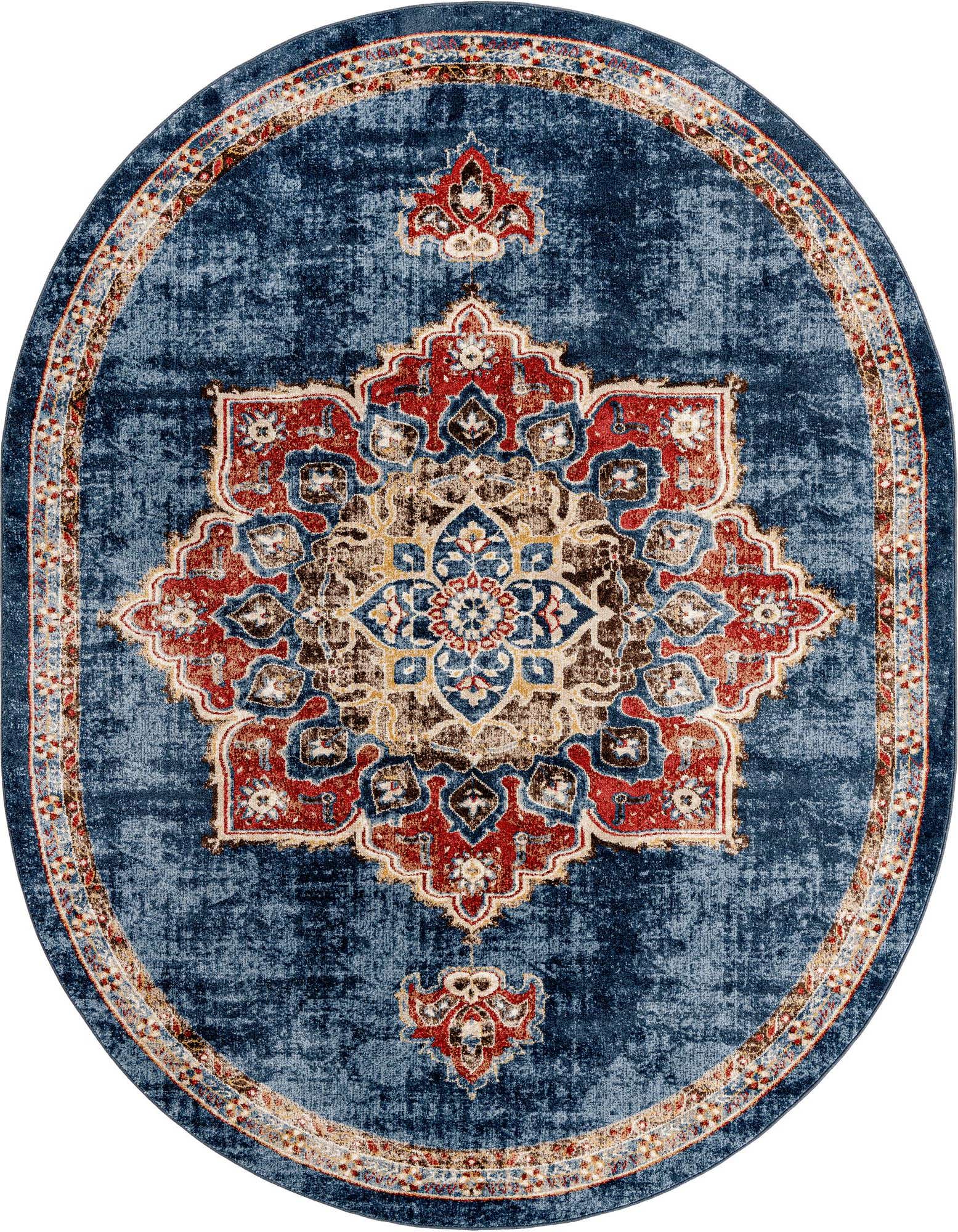 An 8' x 10' oval blue rug with a distressed traditional medallion pattern in red, gold, and brown.