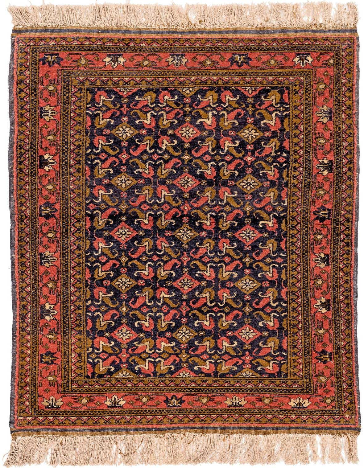 A 2x3 rectangular Afghan tribal rug with a dark blue field, red border, and intricate patterns in blue, red, and gold, featuring tassels.