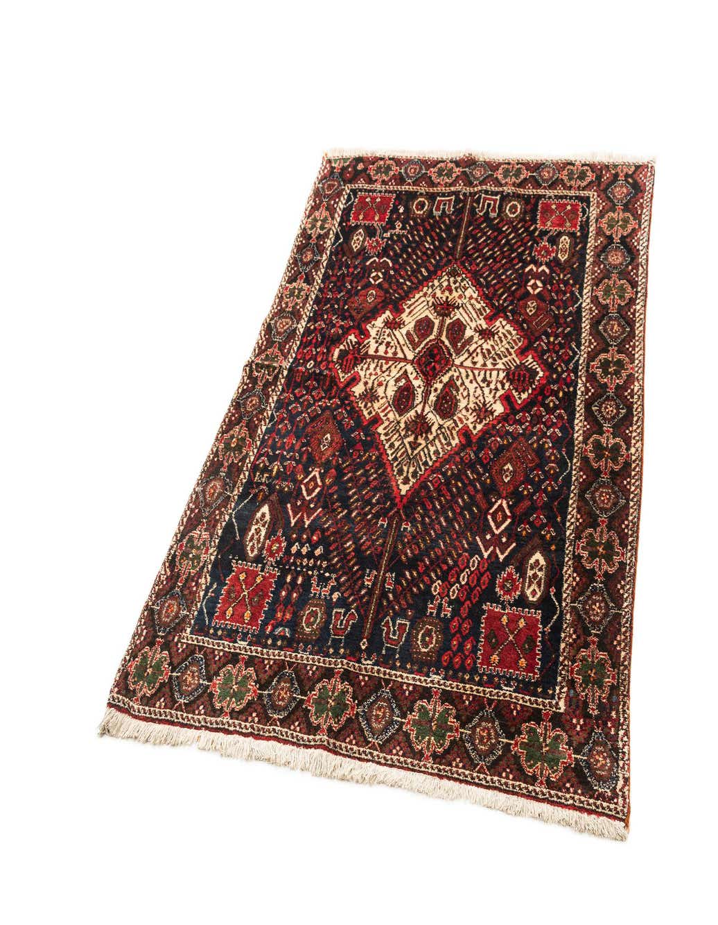 A 4x6 rectangular Afshar rug featuring a complex traditional pattern in shades of blue, red, and cream, with fringed edges.