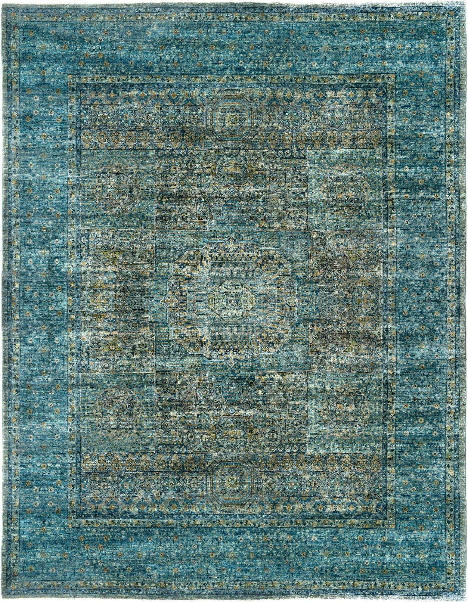 Amina Collection handmade rectangular Persian rug in varying shades of blue with intricate traditional patterns.
