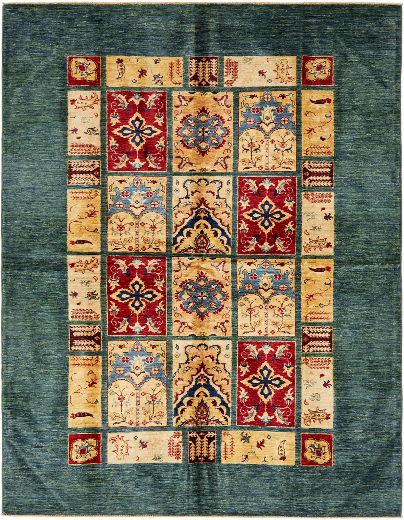 A 6x9 rectangular Ariana Ziegler rug featuring a teal border and a central pattern of red, blue, and gold floral and geometric squares.