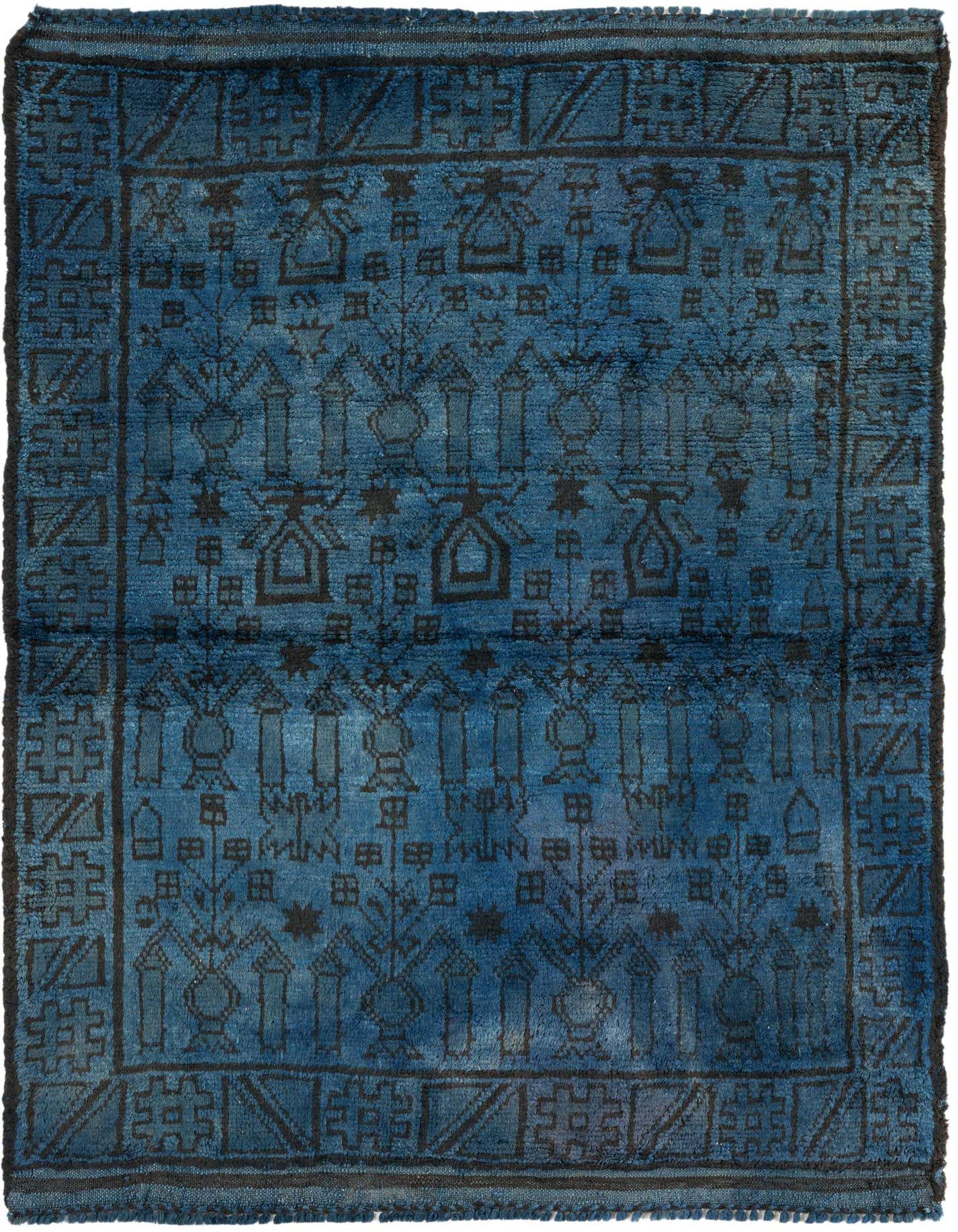 A 3x5 rectangular Balouch tribal rug in varying shades of blue with dark blue geometric patterns, suitable for an entryway.