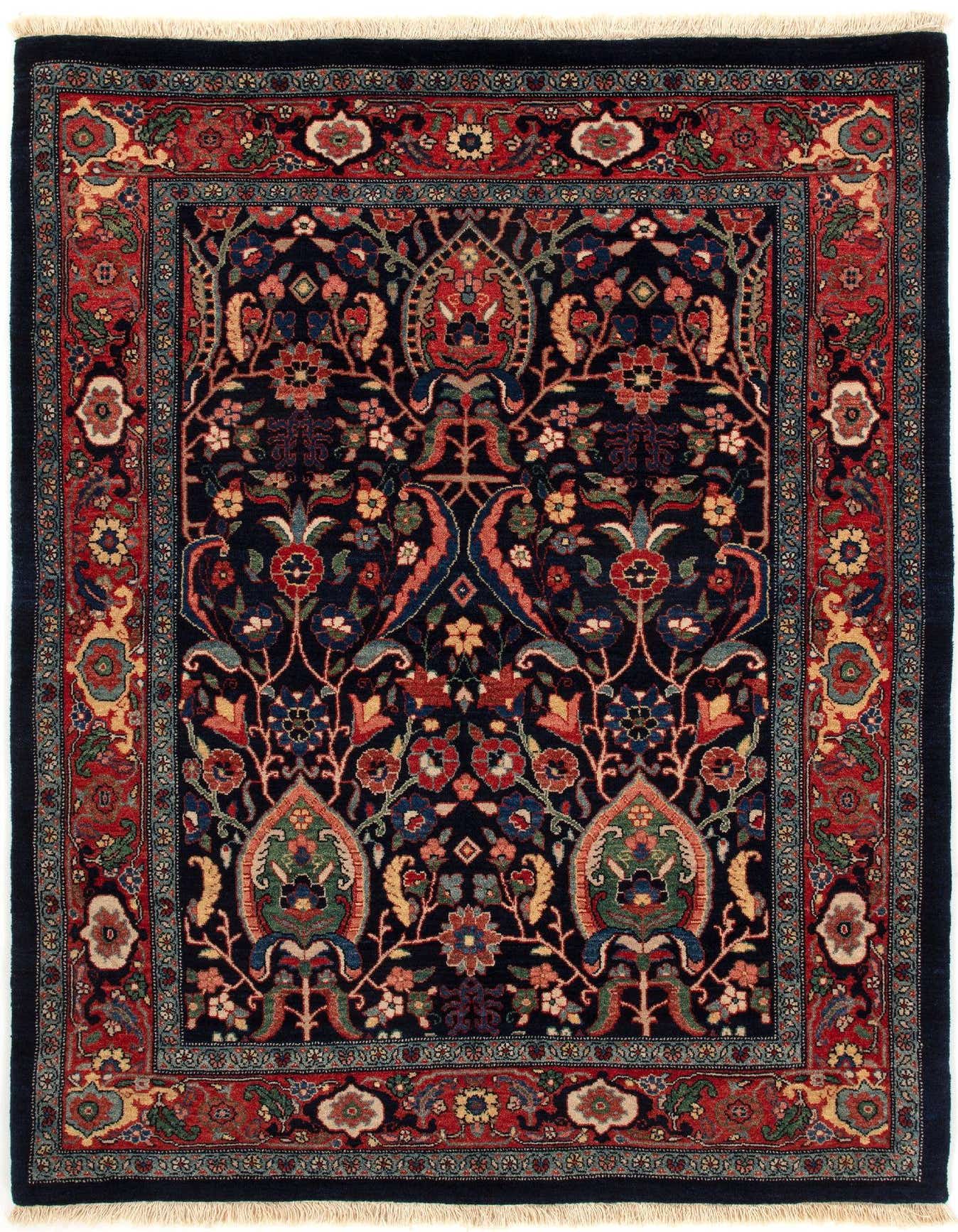 A 3x5 rectangular Bidjar Persian wool rug in deep blue with intricate floral and medallion patterns in red, gold, and green.