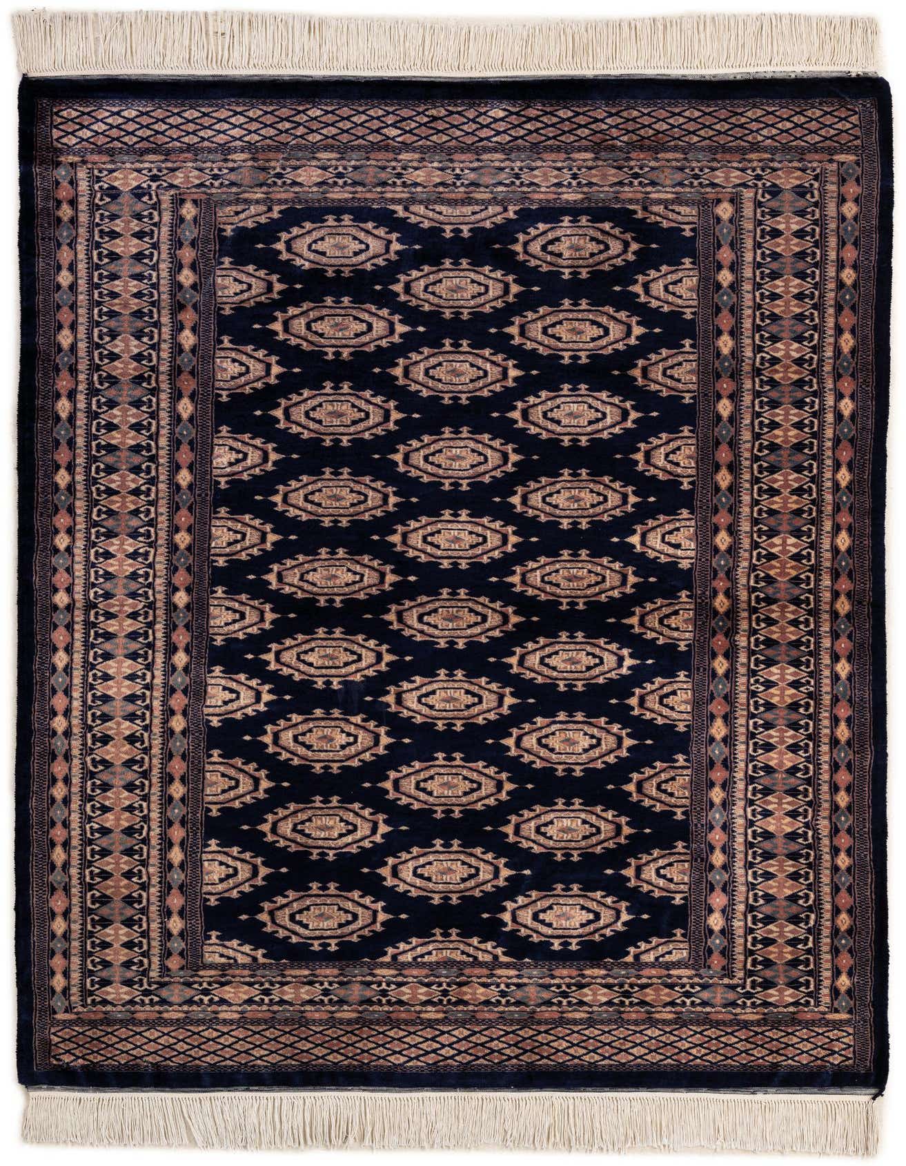 A 4x6 rectangular Bokhara rug with a deep blue field and intricate tan, brown, and gray tribal patterns, featuring a traditional border and white fringes.
