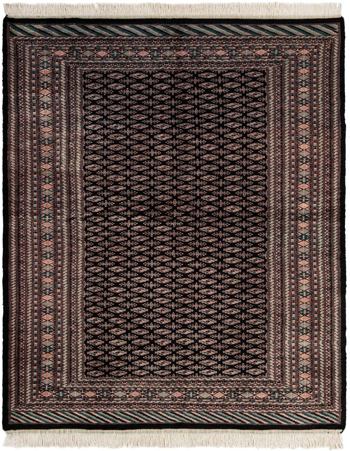A 5x8 rectangular Bokhara rug featuring a dark blue field with intricate tribal patterns in lighter blues and hints of pink, bordered by traditional motifs and white fringe.