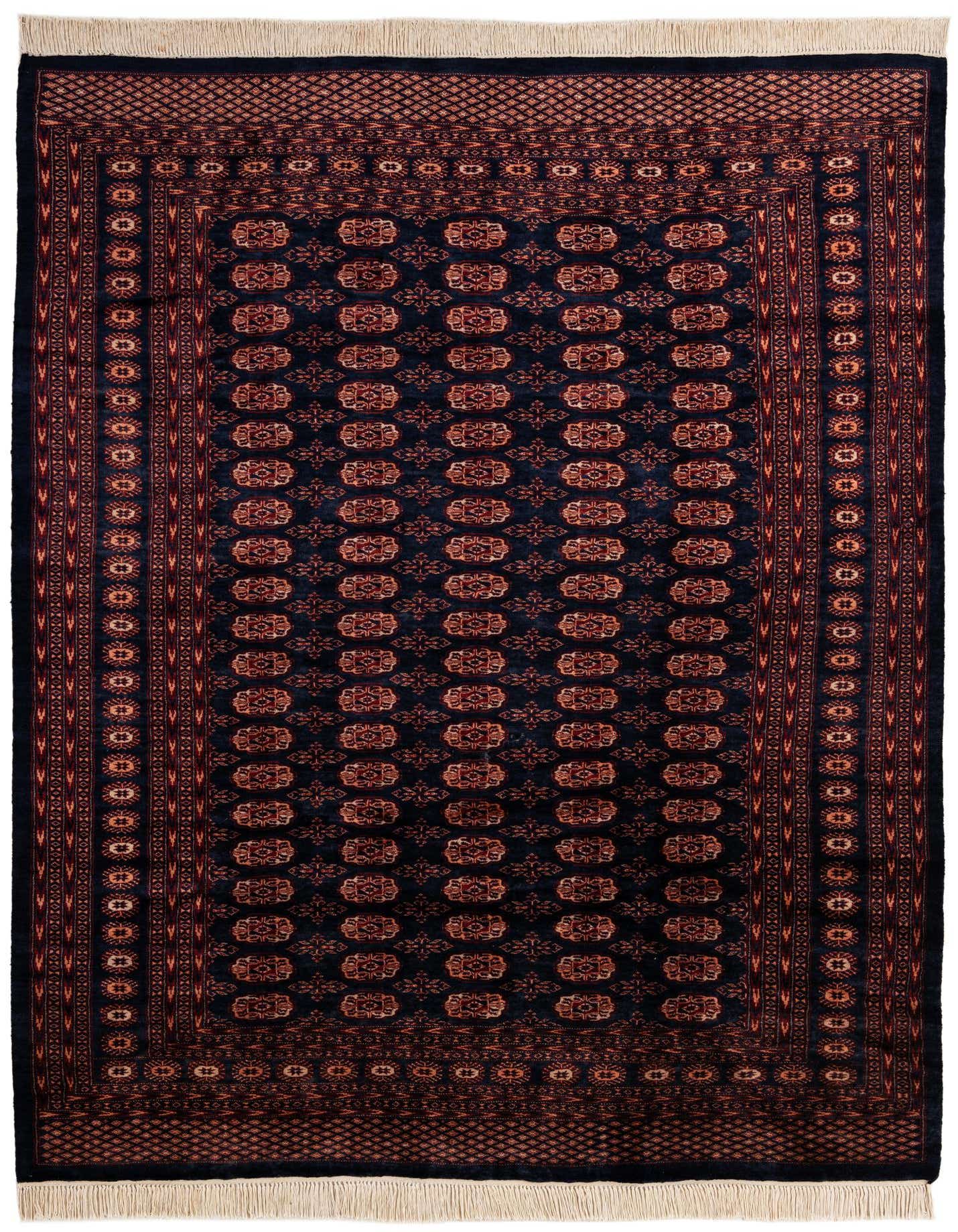 A 6x9 rectangular Bokhara rug featuring a deep blue field with traditional red and orange tribal patterns, suitable for a living room.