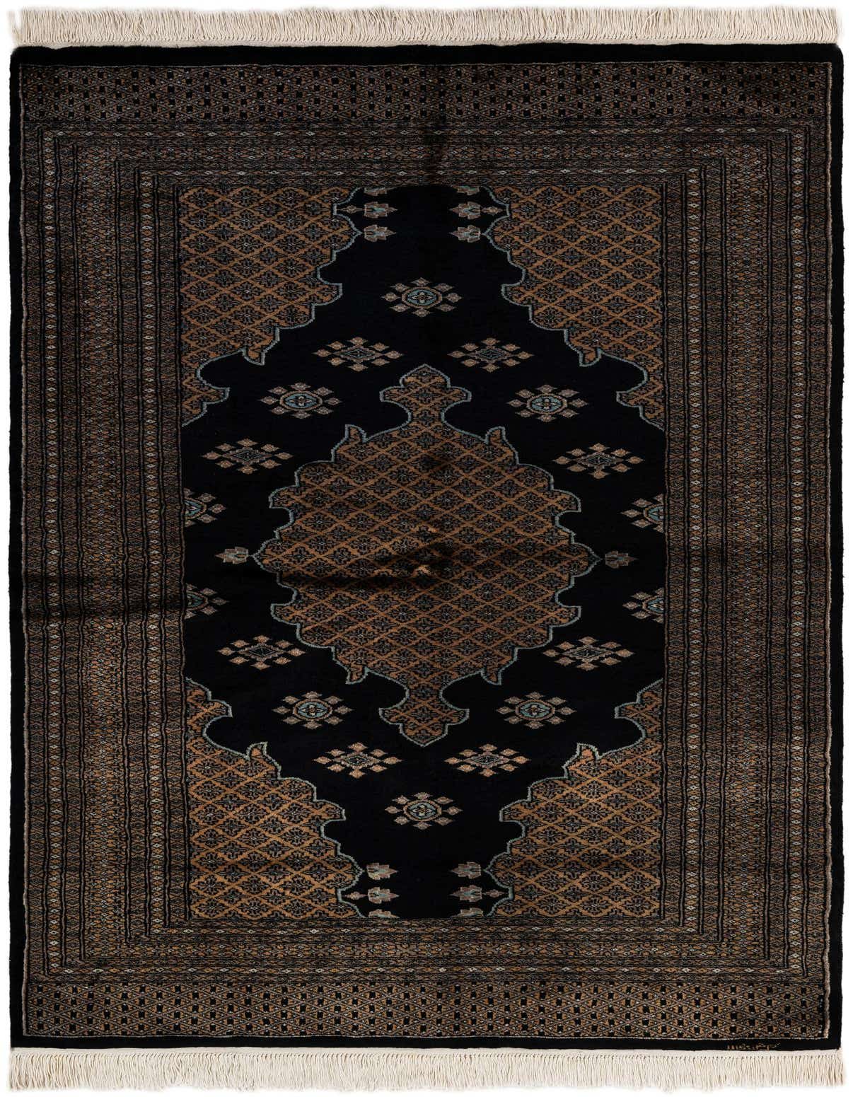 A 4x6 rectangular Bokhara rug with a dark blue field, intricate gold and light blue traditional patterns, and white fringe.