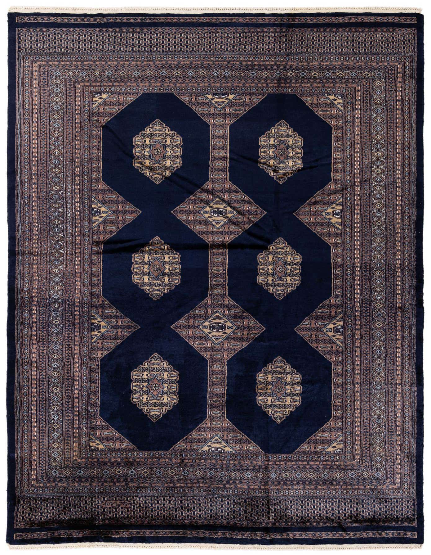A 6x9 rectangular Bokhara rug featuring a deep navy blue field with intricate tribal patterns in beige, brown, and light blue, framed by a detailed border.