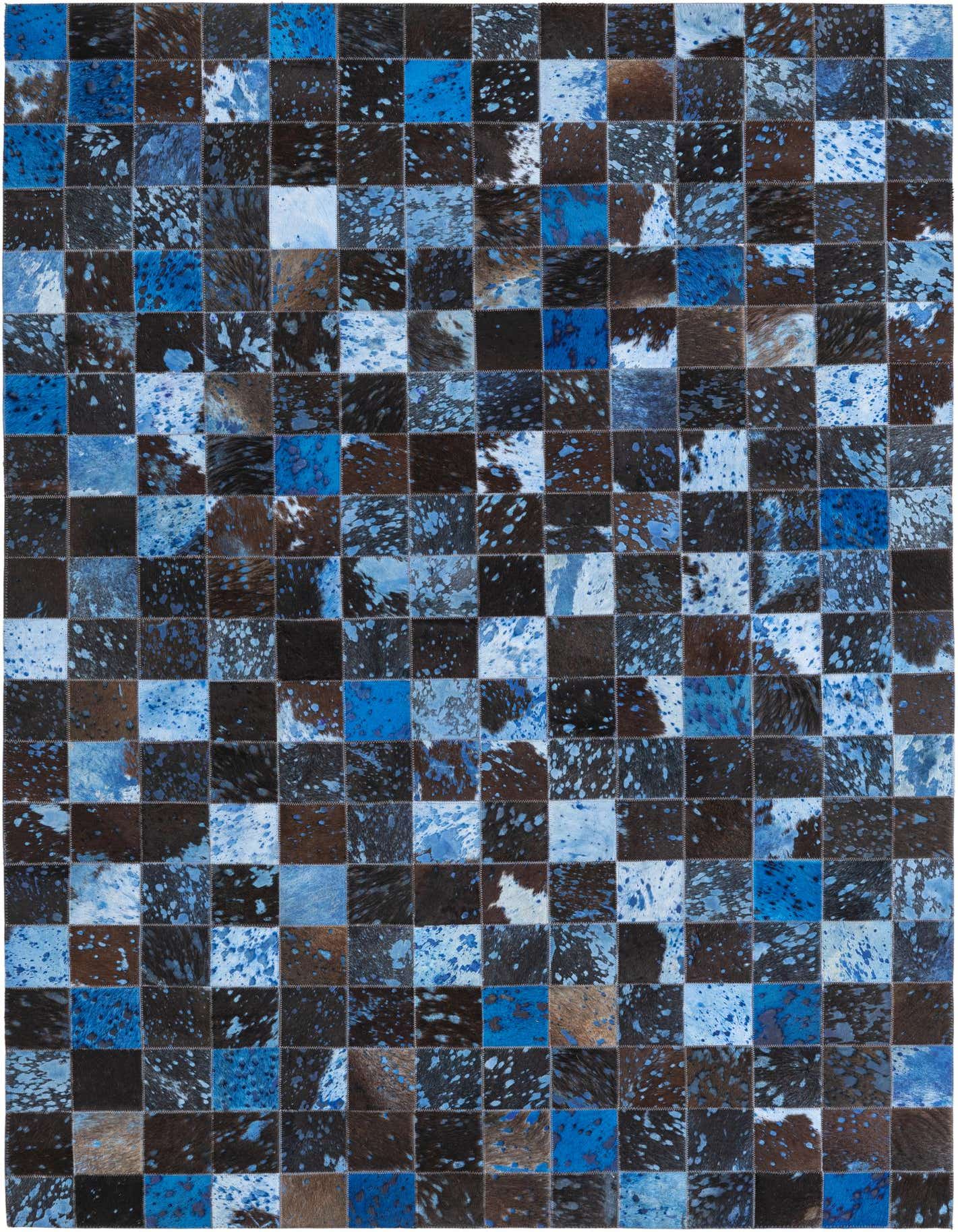 A 5x8 rectangular modern cowhide rug featuring a patchwork of blue, brown, and white squares with a speckled pattern.