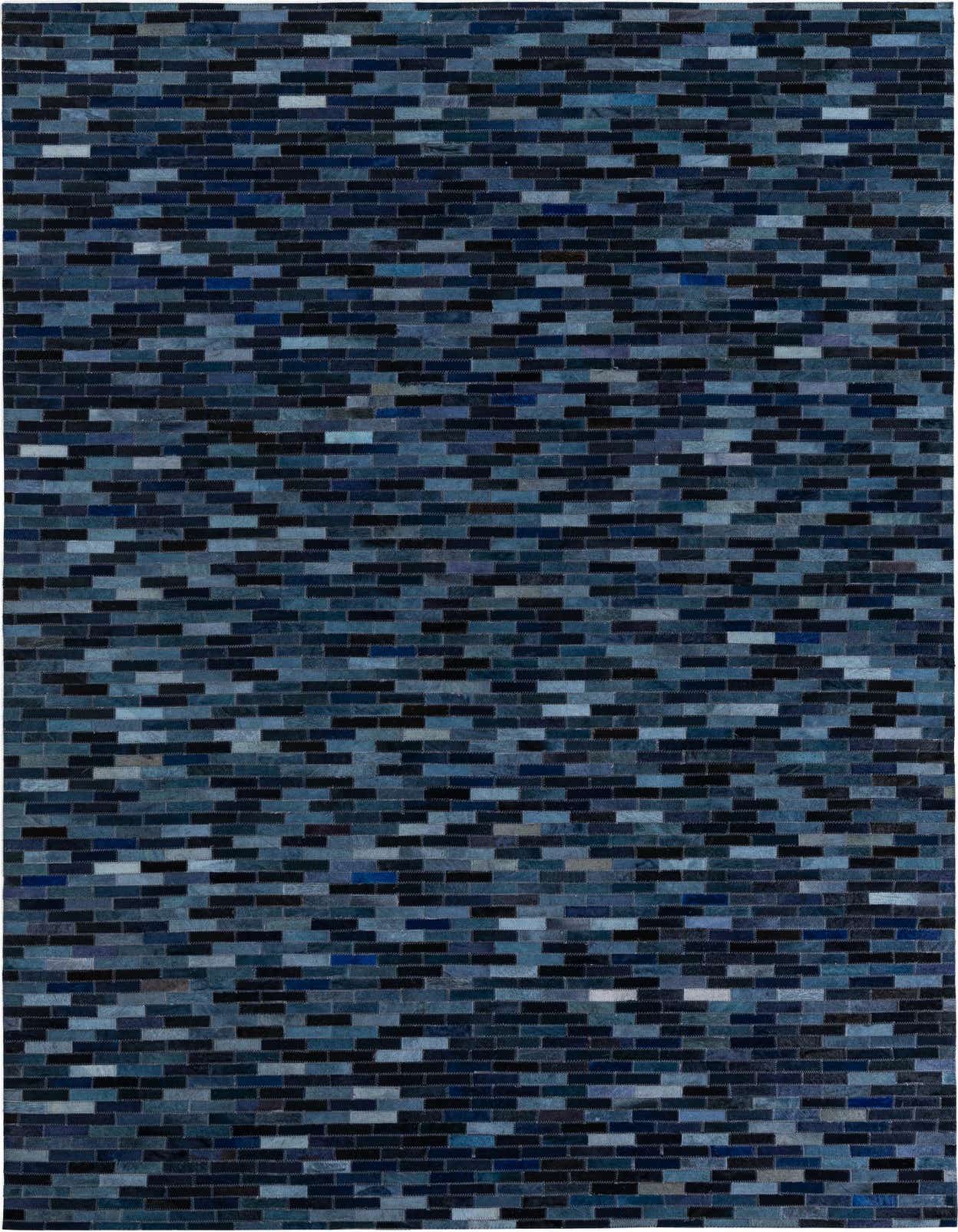 A 5x8 rectangular Cowhide Leather rug featuring a modern stripe pattern in various shades of blue and black.