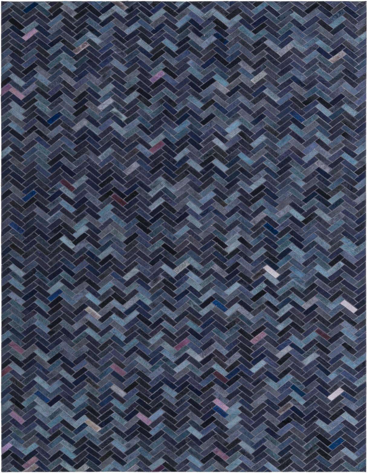 A 5x8 rectangular Cowhide rug featuring a modern herringbone pattern in various shades of blue and indigo.