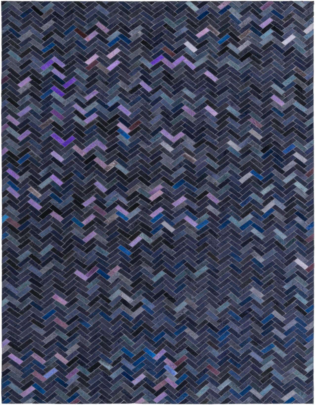 A 5x8 rectangular Cowhide rug featuring a modern herringbone pattern in various shades of blue and purple.