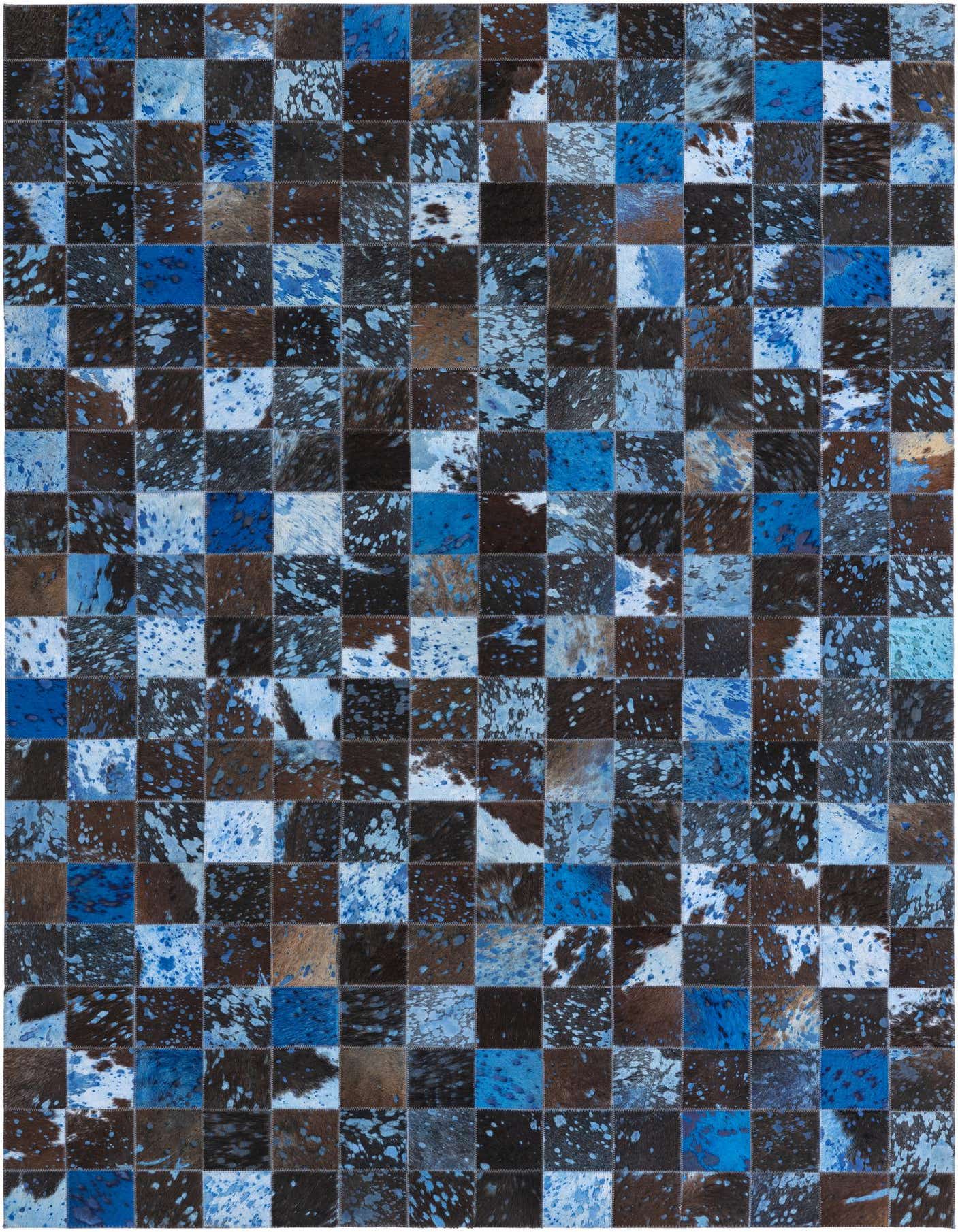 A 5x8 rectangular modern cowhide rug featuring a patchwork of blue, brown, black, and white squares, some with a paint-splatter effect.