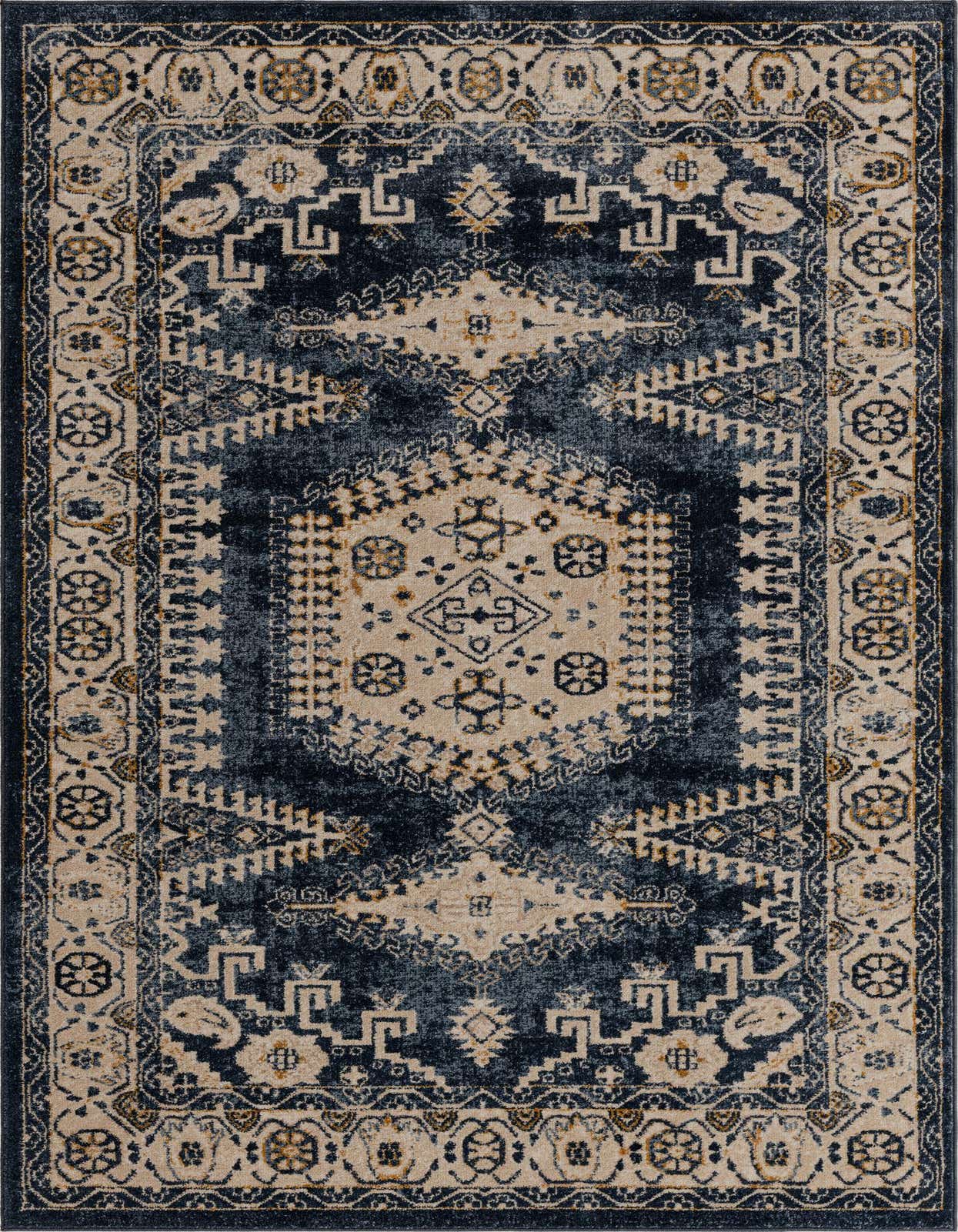 A 5x8 rectangular Eden Collection rug featuring a distressed blue and cream bohemian medallion pattern with tribal accents.