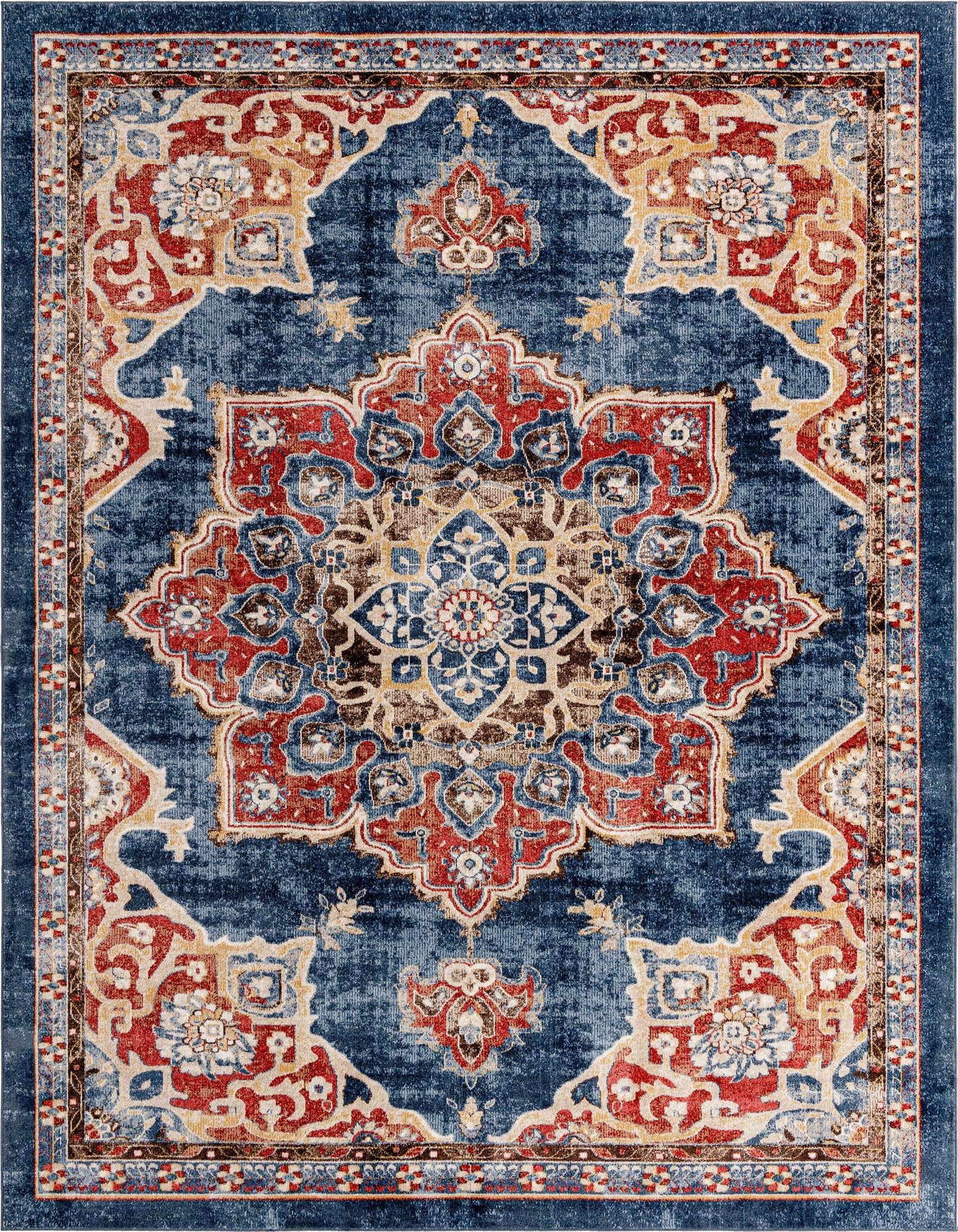 A 10x13 rectangular blue area rug with a distressed traditional medallion and botanical pattern in red, gold, and cream.