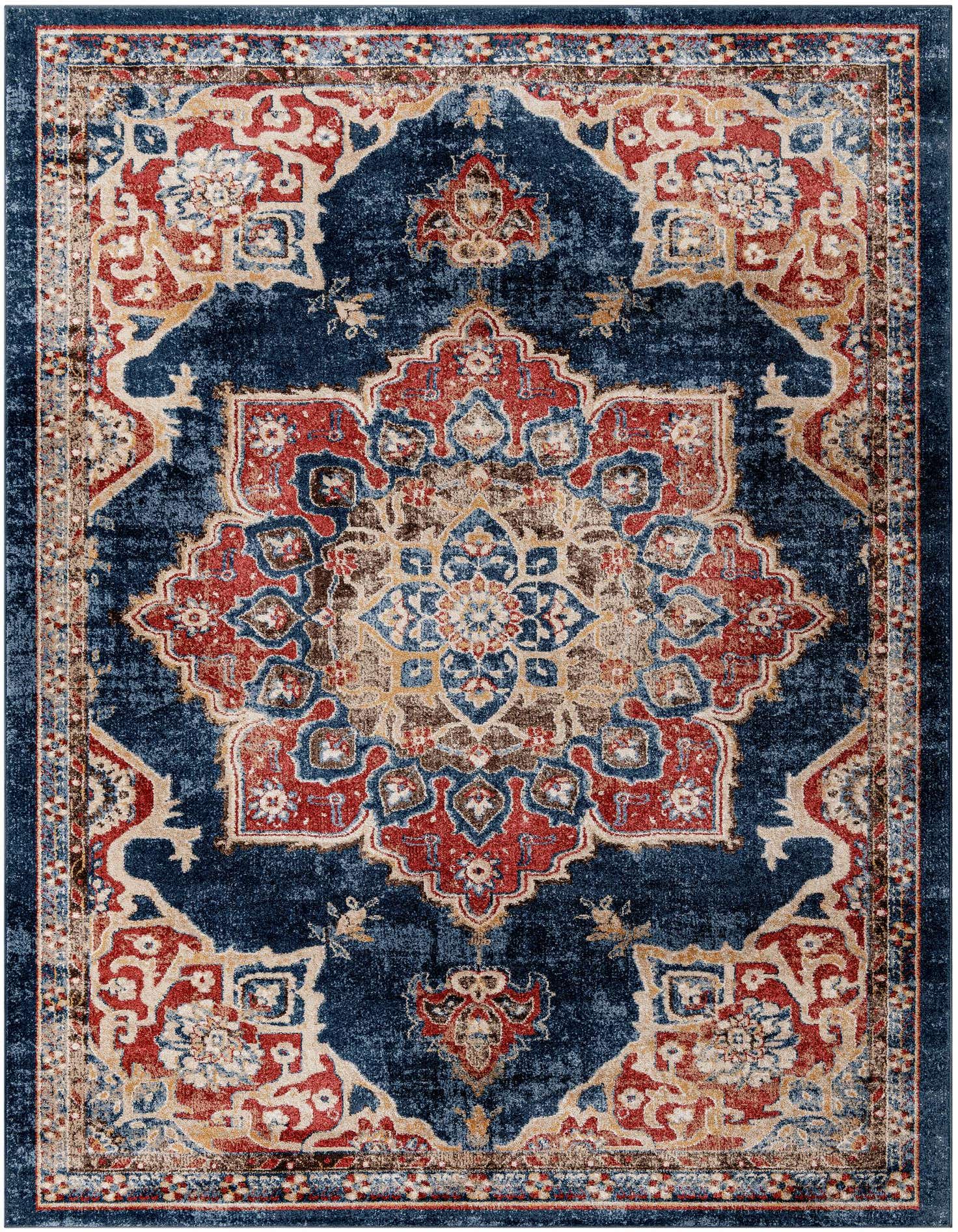 An 8x11 rectangular Eden Collection rug featuring a distressed blue background with a traditional red, gold, and cream medallion pattern.