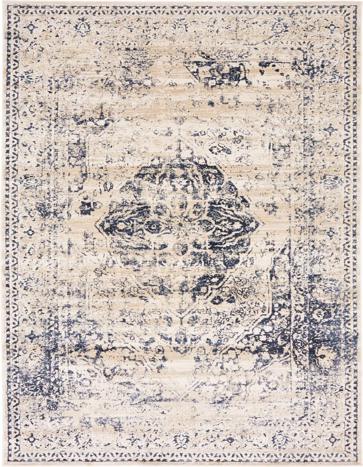 A 5x8 rectangular Eliza collection rug featuring a distressed traditional medallion pattern in shades of blue and cream.