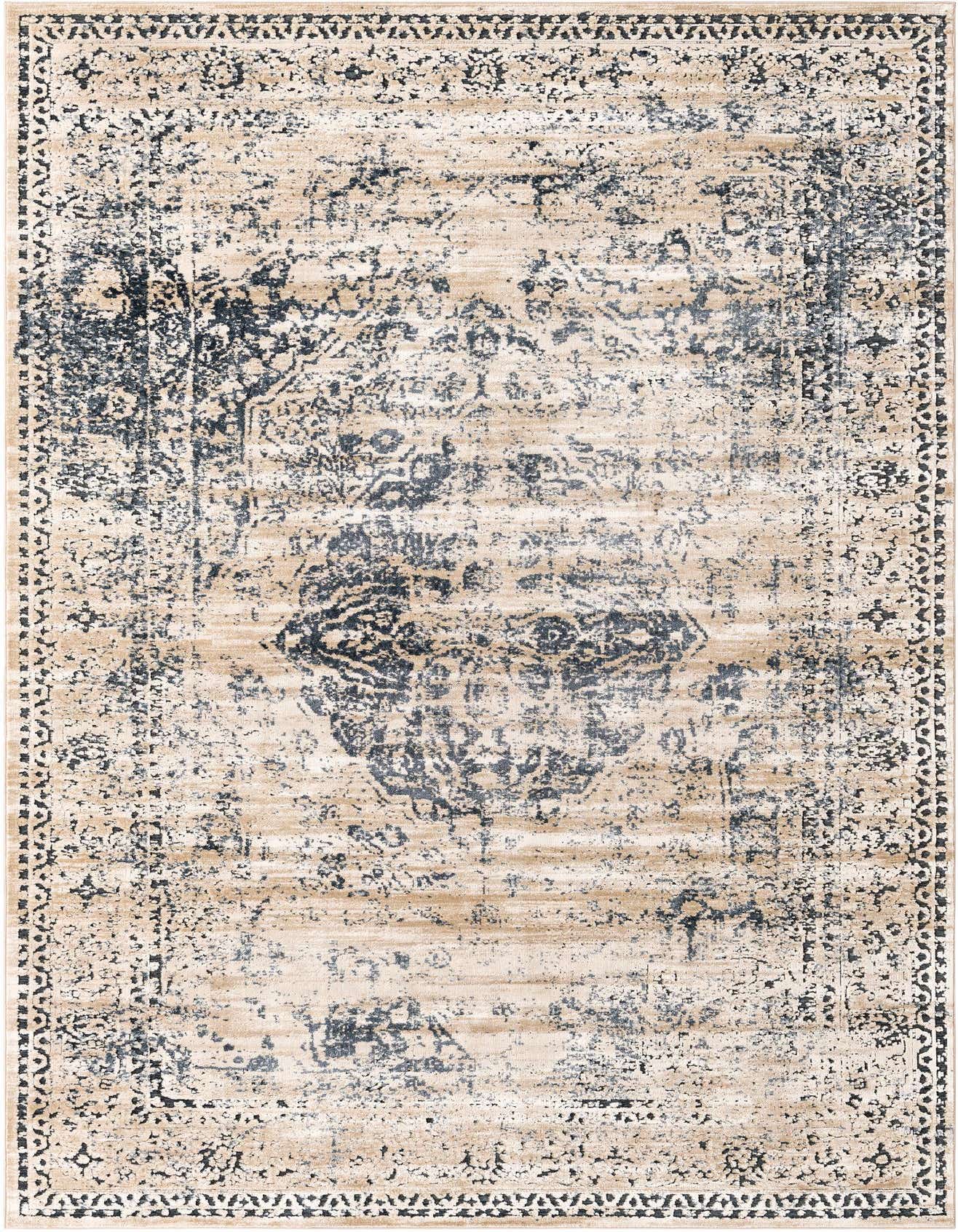 A 6x9 rectangular Eliza rug featuring a distressed traditional medallion pattern in shades of blue and beige.