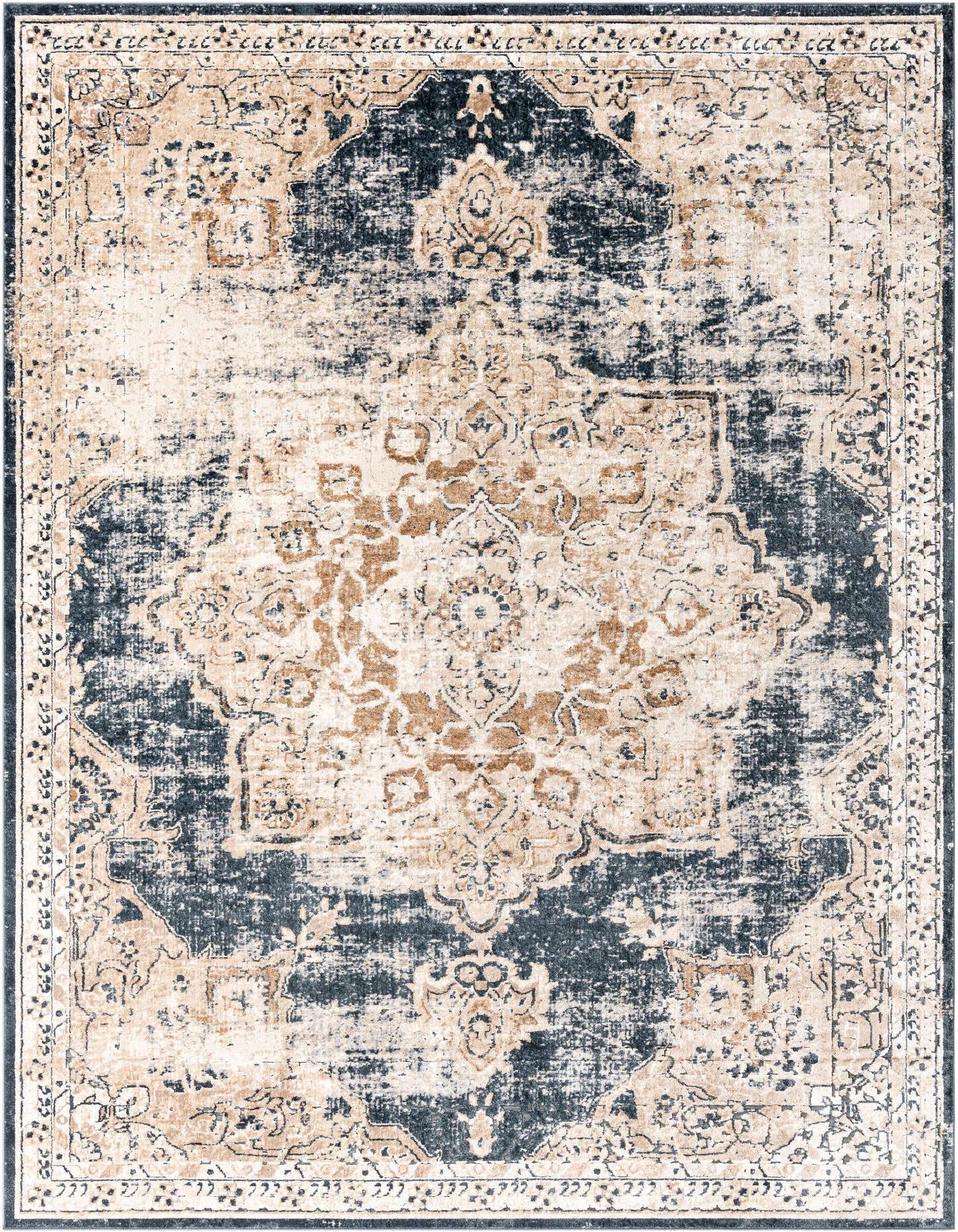 A rectangular 8x11 Eliza Collection rug featuring a distressed medallion pattern in shades of blue, beige, and brown.