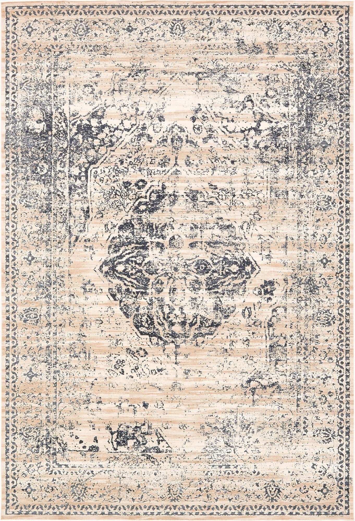 A 10x14 rectangular indoor rug featuring a distressed traditional medallion pattern in shades of blue and cream.