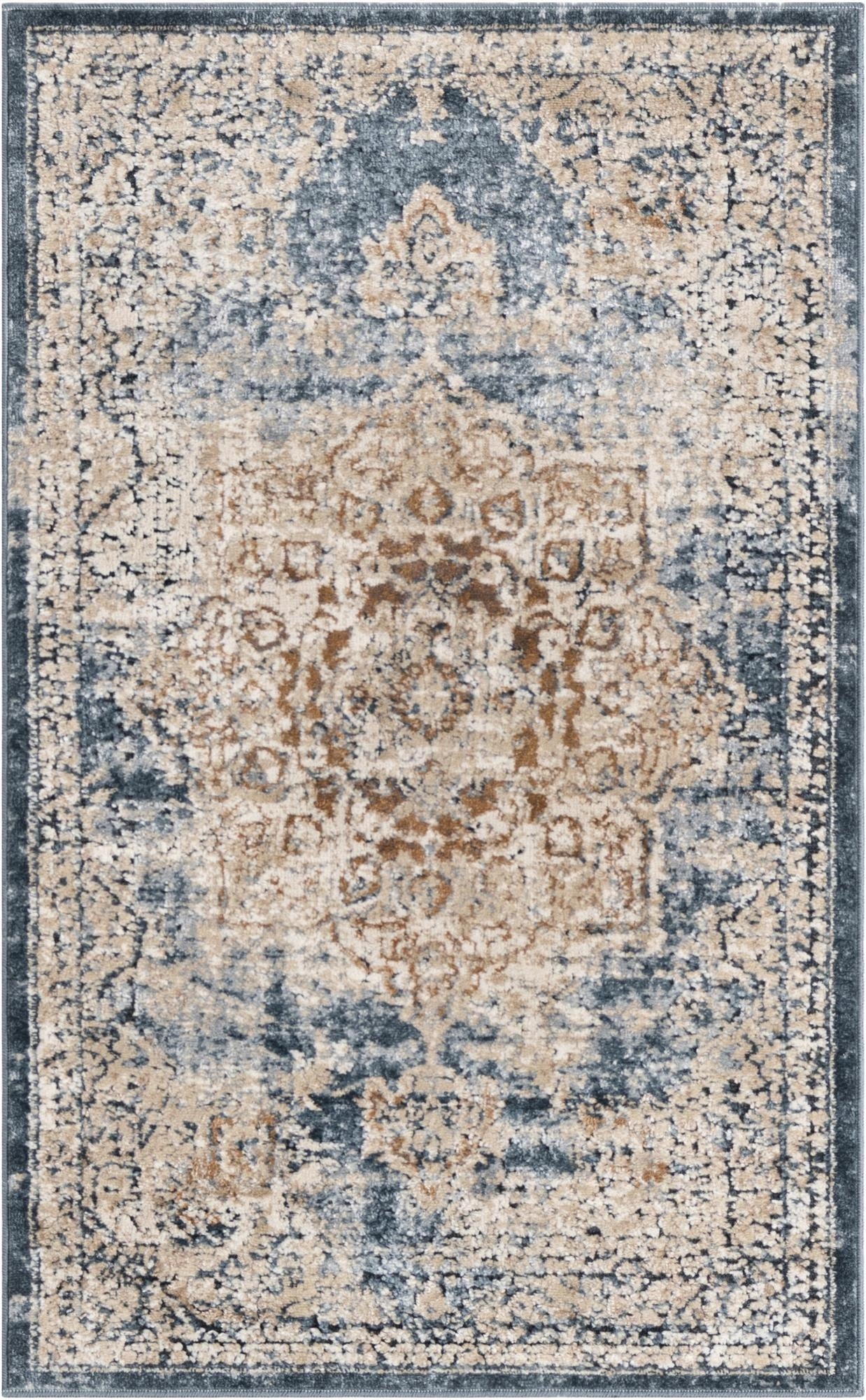 A 2x3 rectangular Eliza collection rug featuring a distressed medallion pattern in varying shades of blue, beige, and brown.