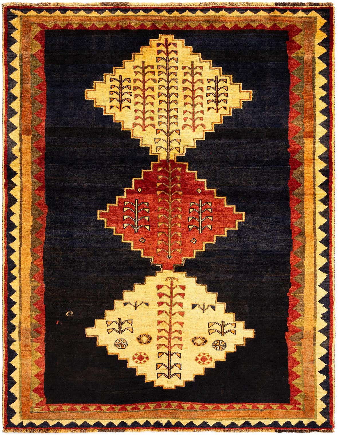 A 4x6 rectangular Gabbeh rug featuring a dark blue field with three large, stacked diamond medallions in gold and red, detailed with tree-like patterns and tribal motifs. It has a multi-colored border with geometric patterns.