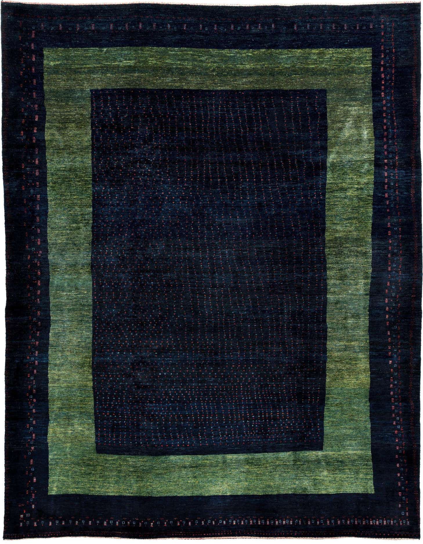 A 6x9 rectangular blue Gabbeh rug with a modern design, featuring a central dark blue field with subtle red flecks, framed by a lighter green border, and an outer dark blue border with small red accents.