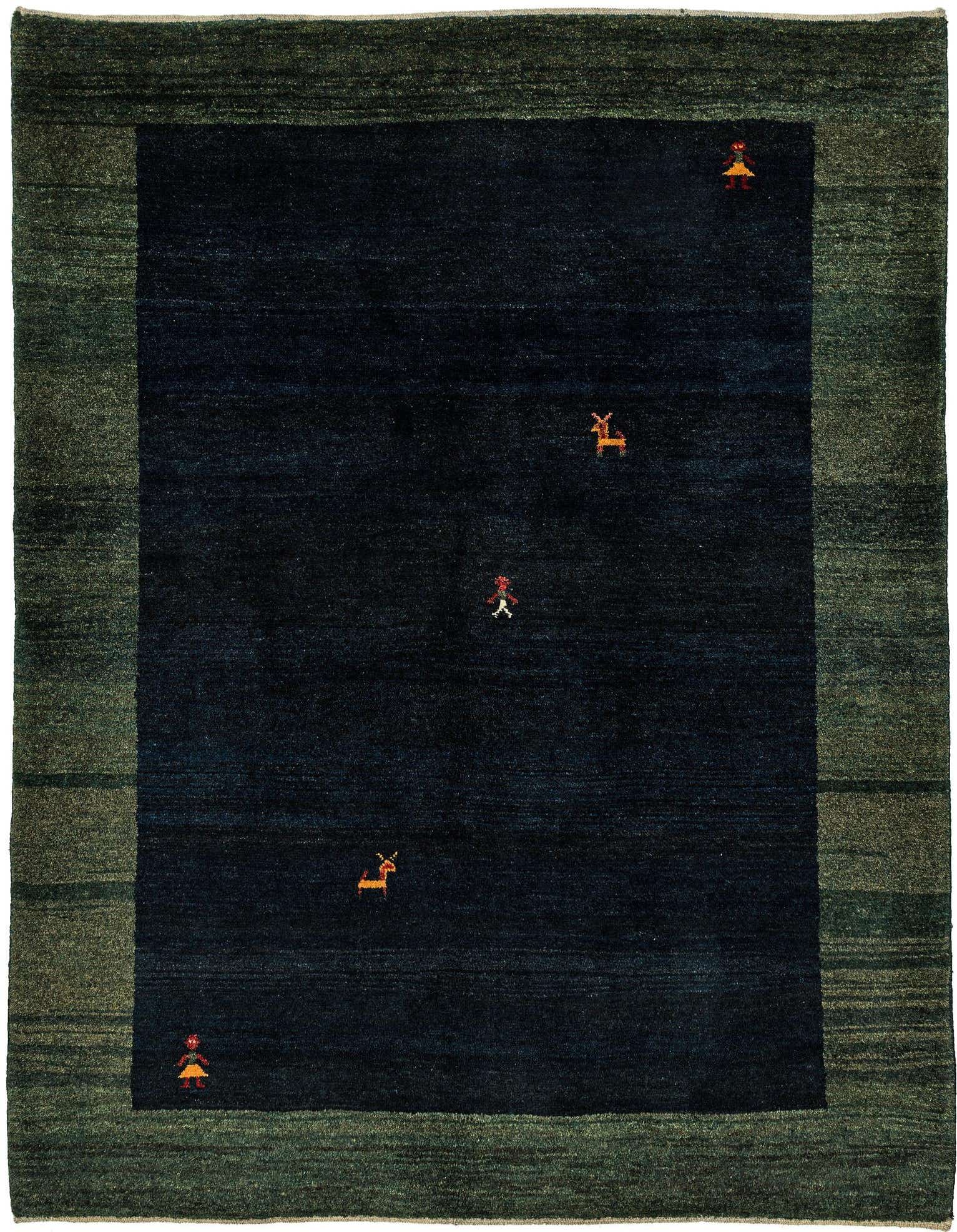 A 5x8 rectangular Gabbeh Shouli rug featuring a deep blue field with small, colorful human and animal figures, framed by a textured green border.