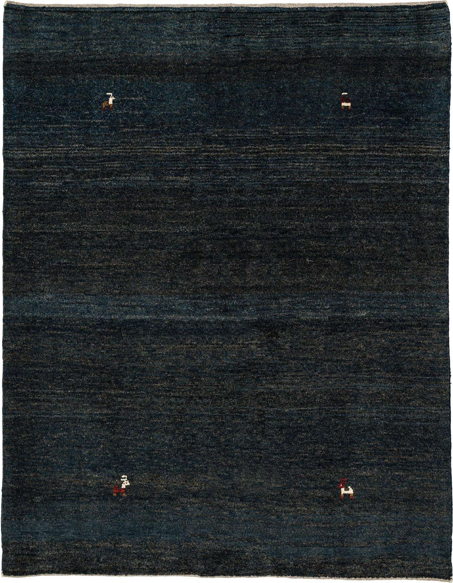 A 4x6 rectangular Gabbeh Shouli rug in deep blue with subtle horizontal striations and four small, abstract, colorful motifs.