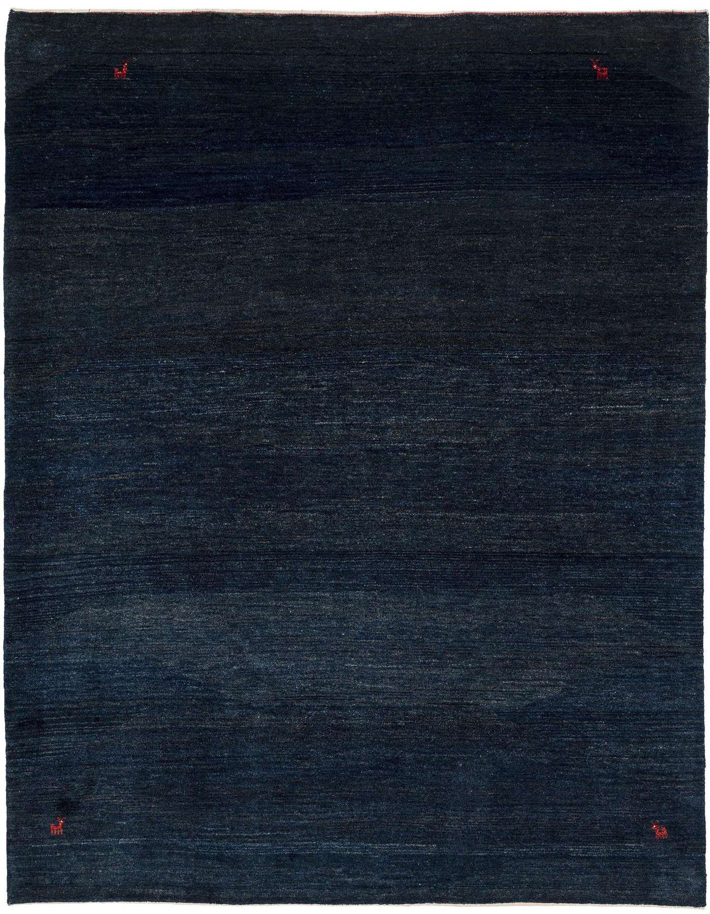 A 6x9 rectangular Gabbeh Shouli rug in varying shades of deep blue, featuring a subtle modern design and handmade texture.