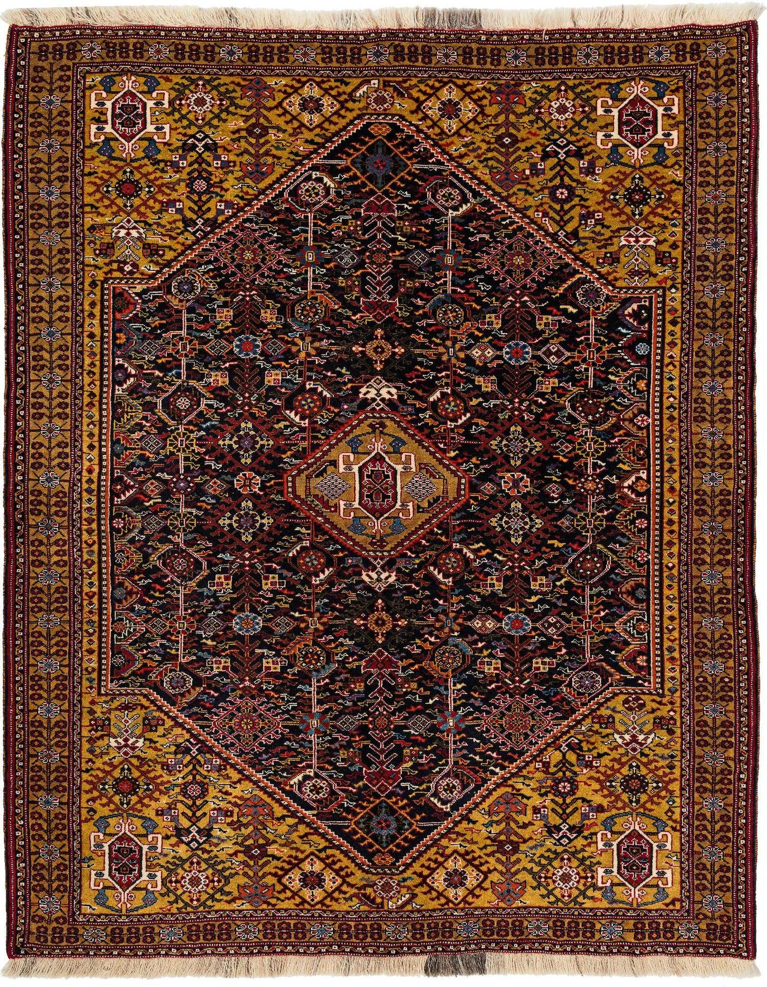 A 4x6 rectangular Ghashghai rug featuring a central diamond medallion and intricate traditional patterns in deep blues, reds, and golds.