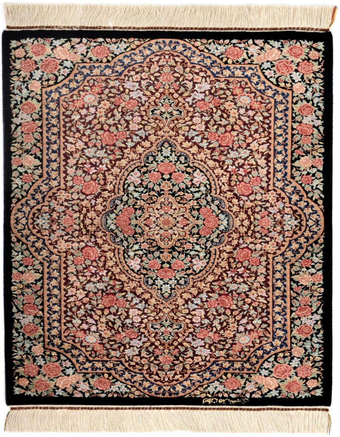 A rectangular 2x3 Ghom Silk Persian rug featuring a detailed floral pattern in blues, pinks, and creams on a dark background, with cream fringe.