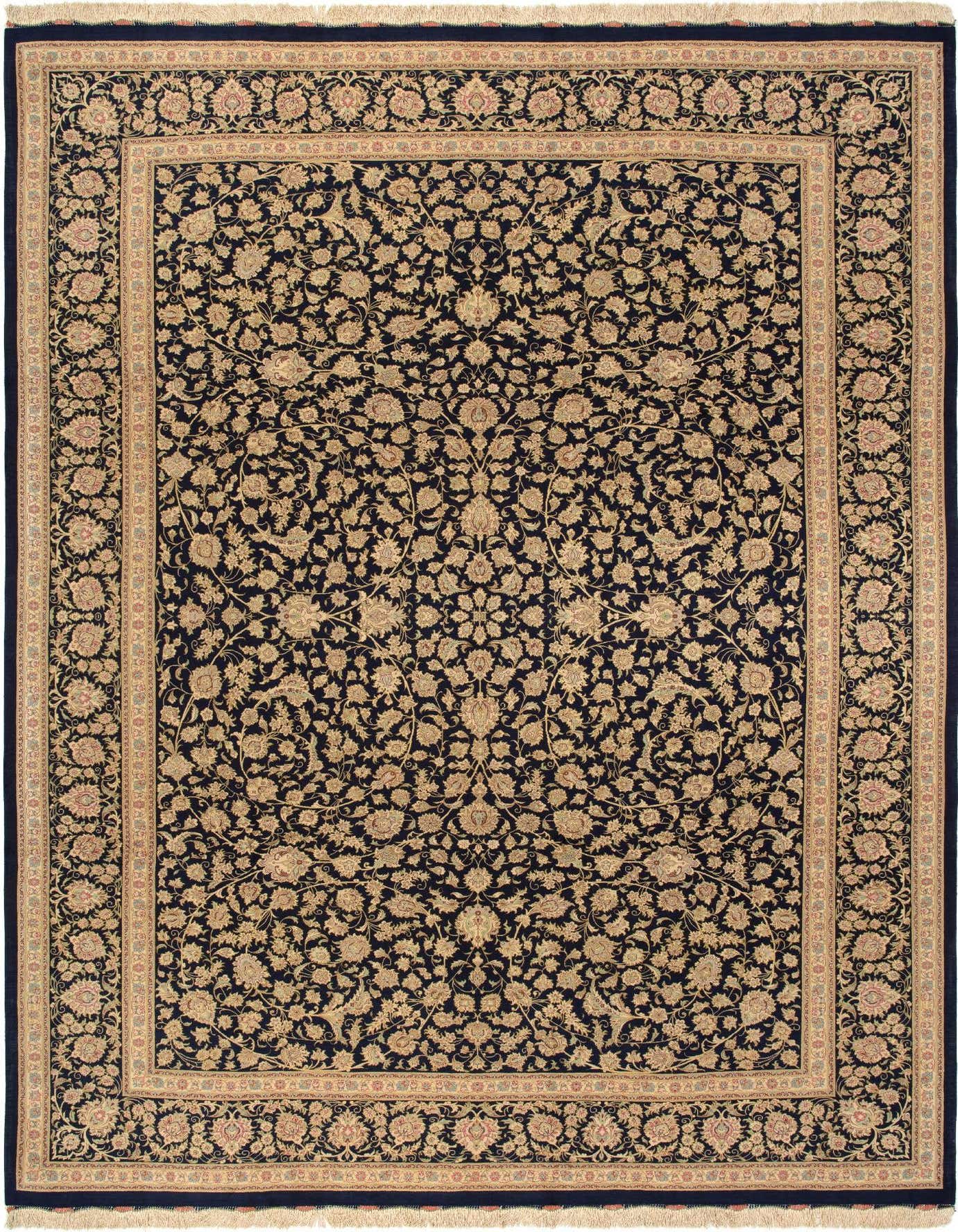 An 8x11 rectangular Ghom Silk rug with a navy blue field and intricate gold Persian floral patterns, featuring a detailed border.
