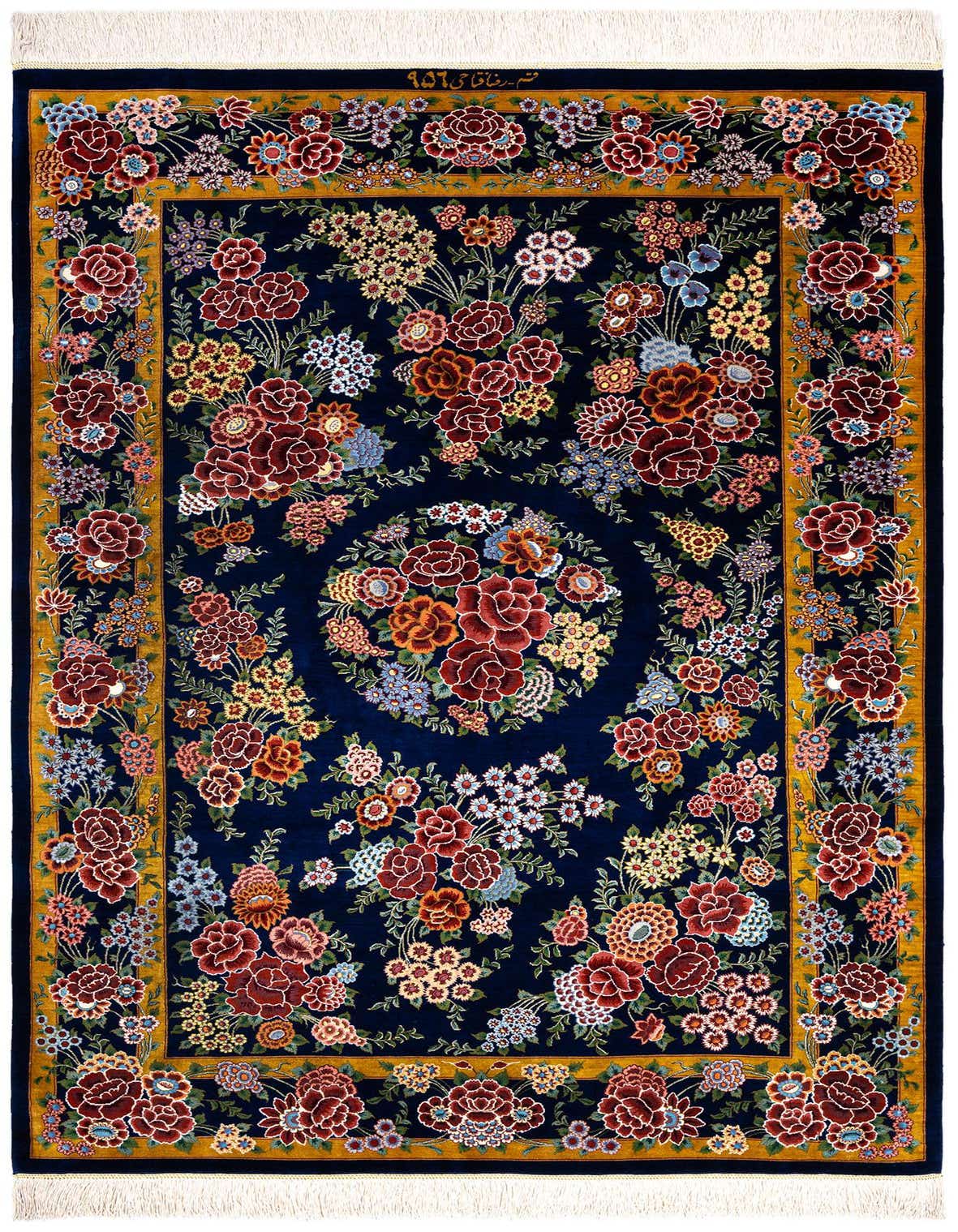 A luxurious 3x5 rectangular Ghom Silk Persian rug in deep blue, featuring an intricate floral pattern with red, gold, and multi-colored blossoms, ideal for indoor spaces.