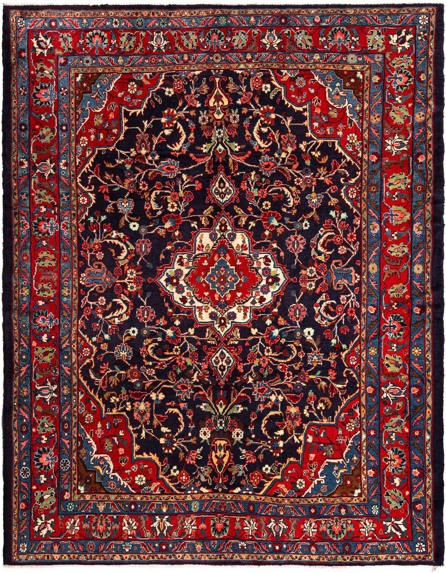 A 7x10 rectangular Hamedan rug with a dark blue field, red border, and intricate Persian floral and tribal patterns.