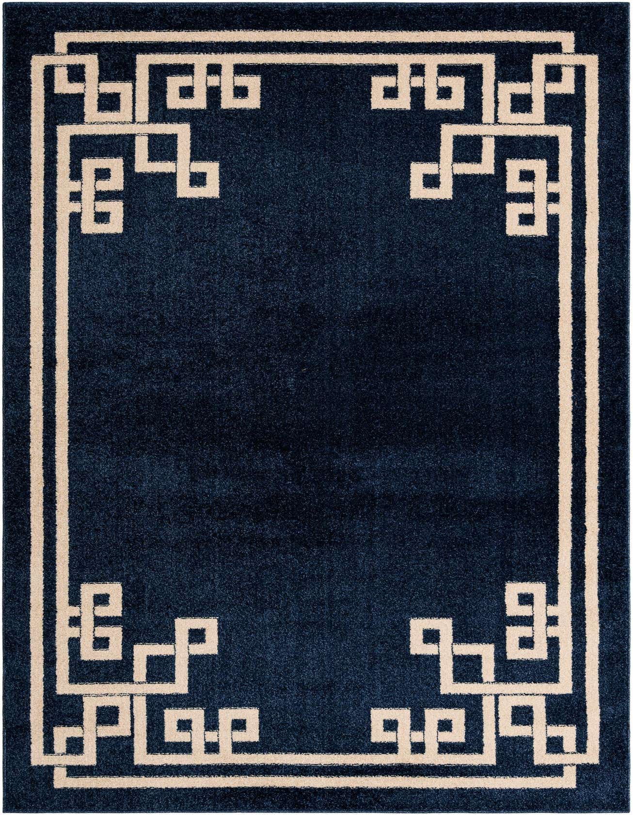 A 5x8 rectangular blue area rug with a cream-colored geometric Greek key border pattern, suitable for a living room.