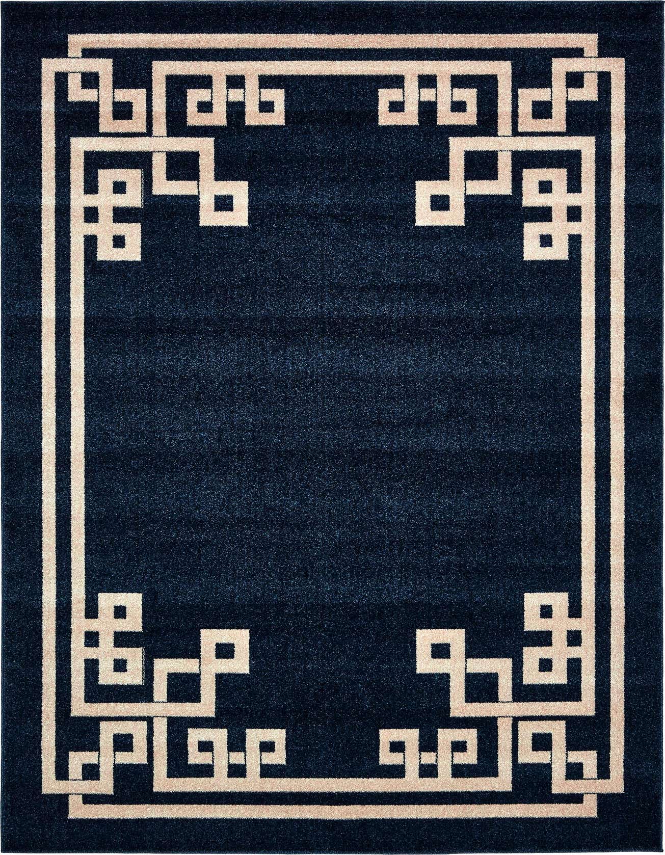 A 6x9 rectangular navy blue area rug with a cream-colored Mediterranean geometric border pattern, suitable for a living room.