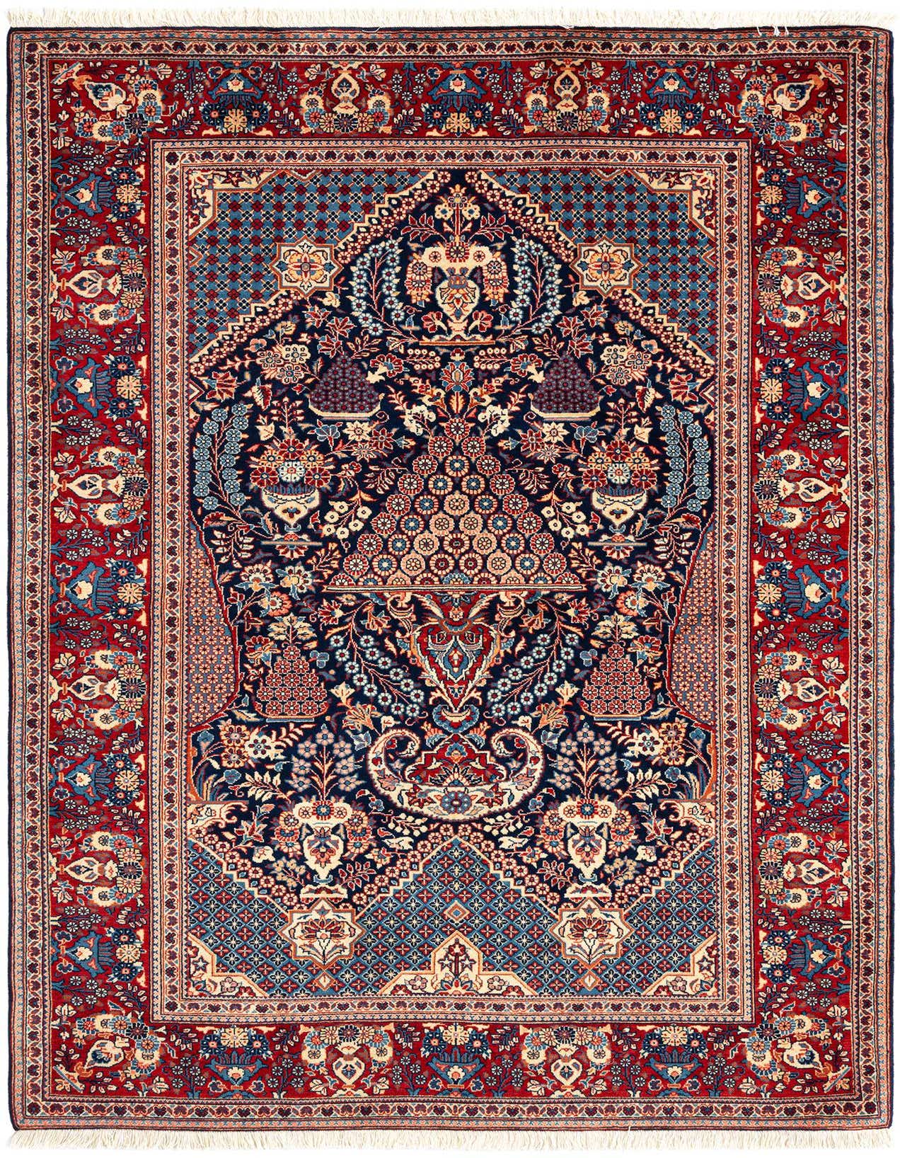 A 4x6 rectangular Persian rug with a deep blue field and intricate floral motifs, framed by a rich red border.