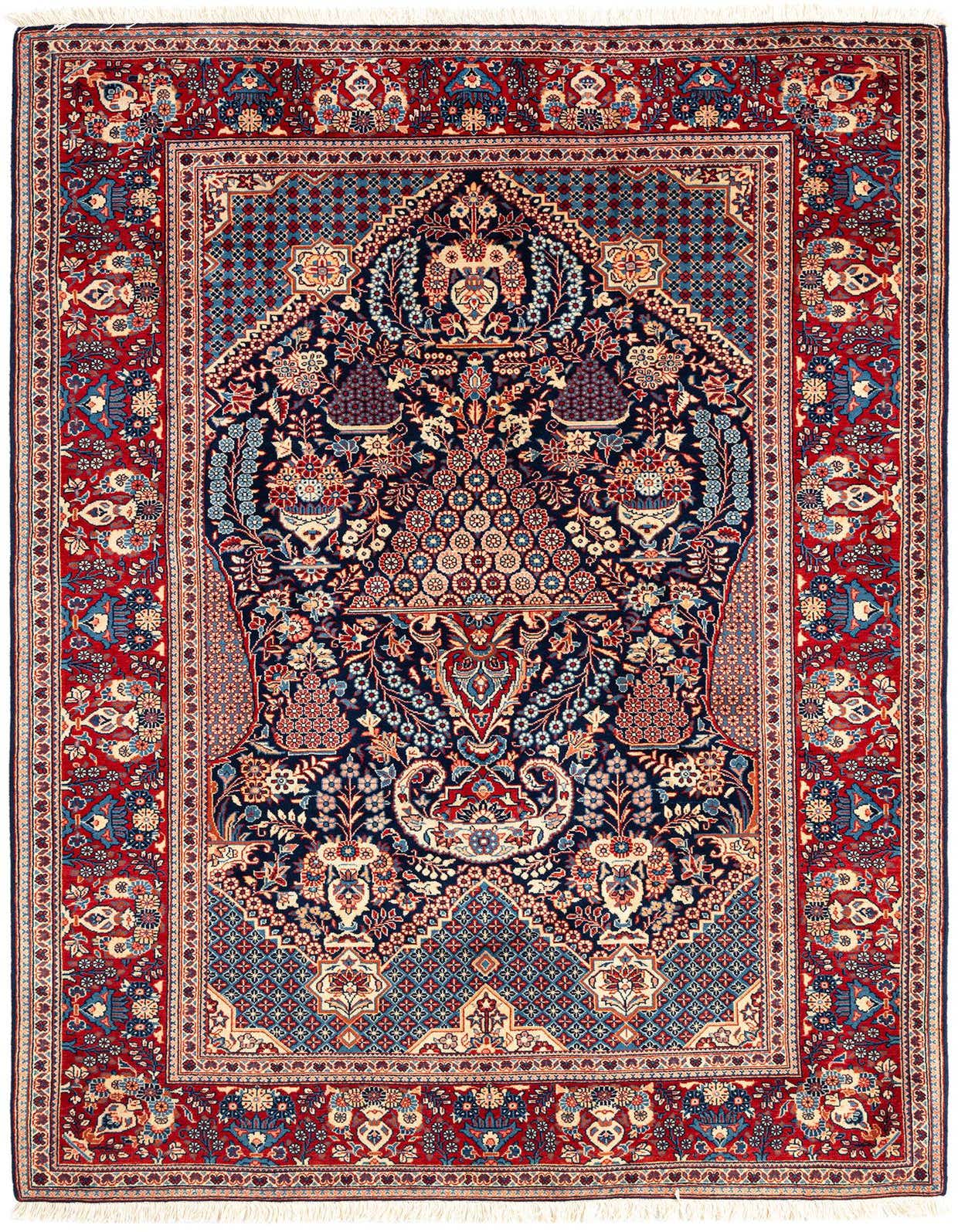 A 4x6 rectangular blue Persian rug with intricate floral and medallion patterns, featuring a deep red border.