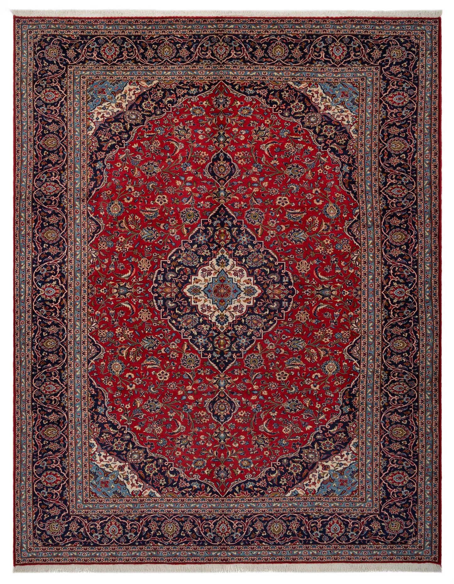 A large 10x13 rectangular Persian rug with a deep red field, intricate blue and white floral medallion, and ornate blue border.