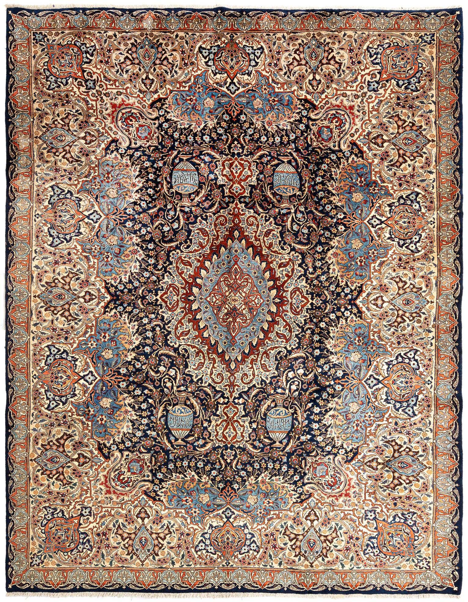 A large 10x13 rectangular Kashmar Persian rug featuring intricate blue, red, and cream floral patterns on a dark blue background.