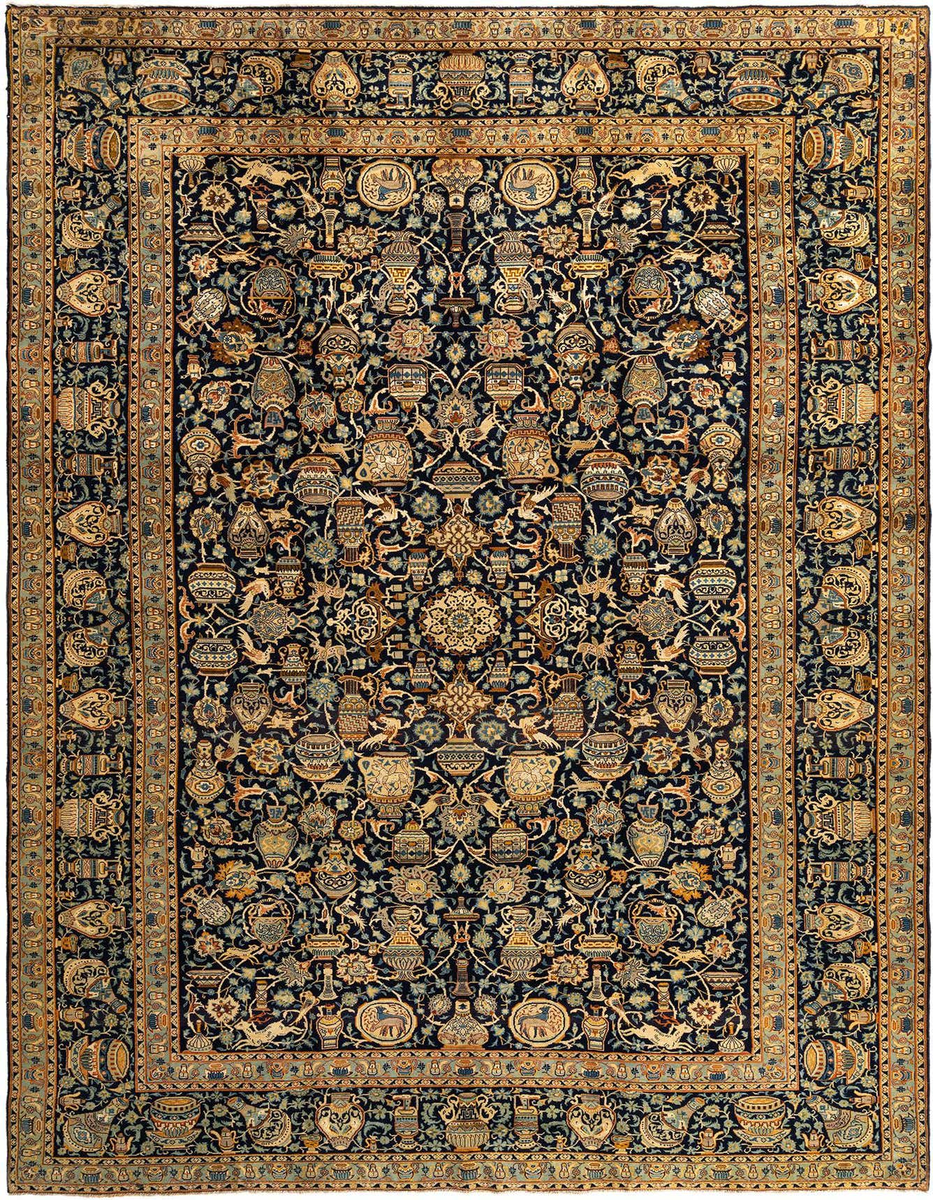 A large 10x14 rectangular Kashmar Persian rug featuring intricate floral and vase patterns in blues, gold, and cream.