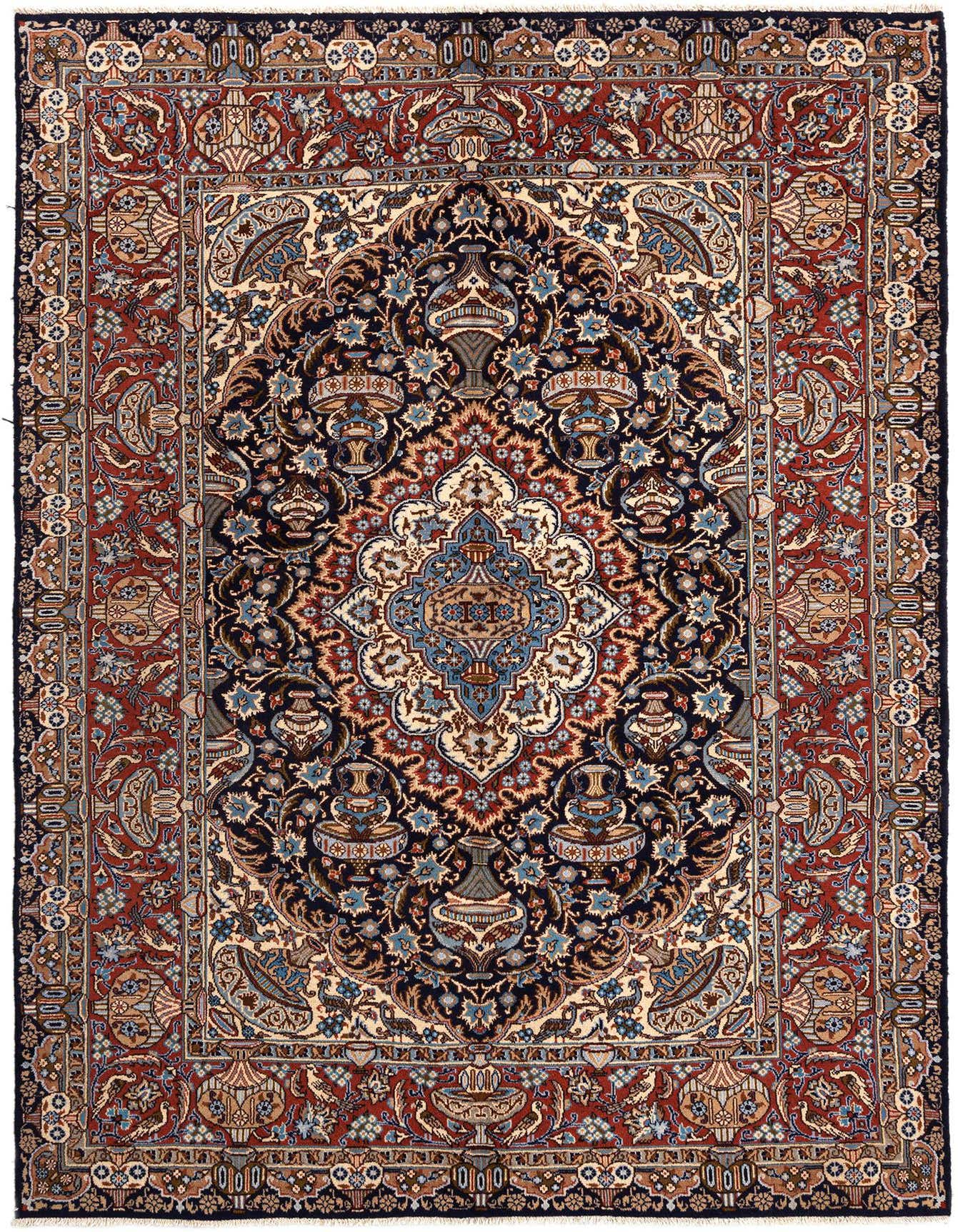 A 6x9 rectangular Kashmar Persian rug featuring a complex floral medallion in blues, reds, and creams on a dark blue field, with an ornate red border.