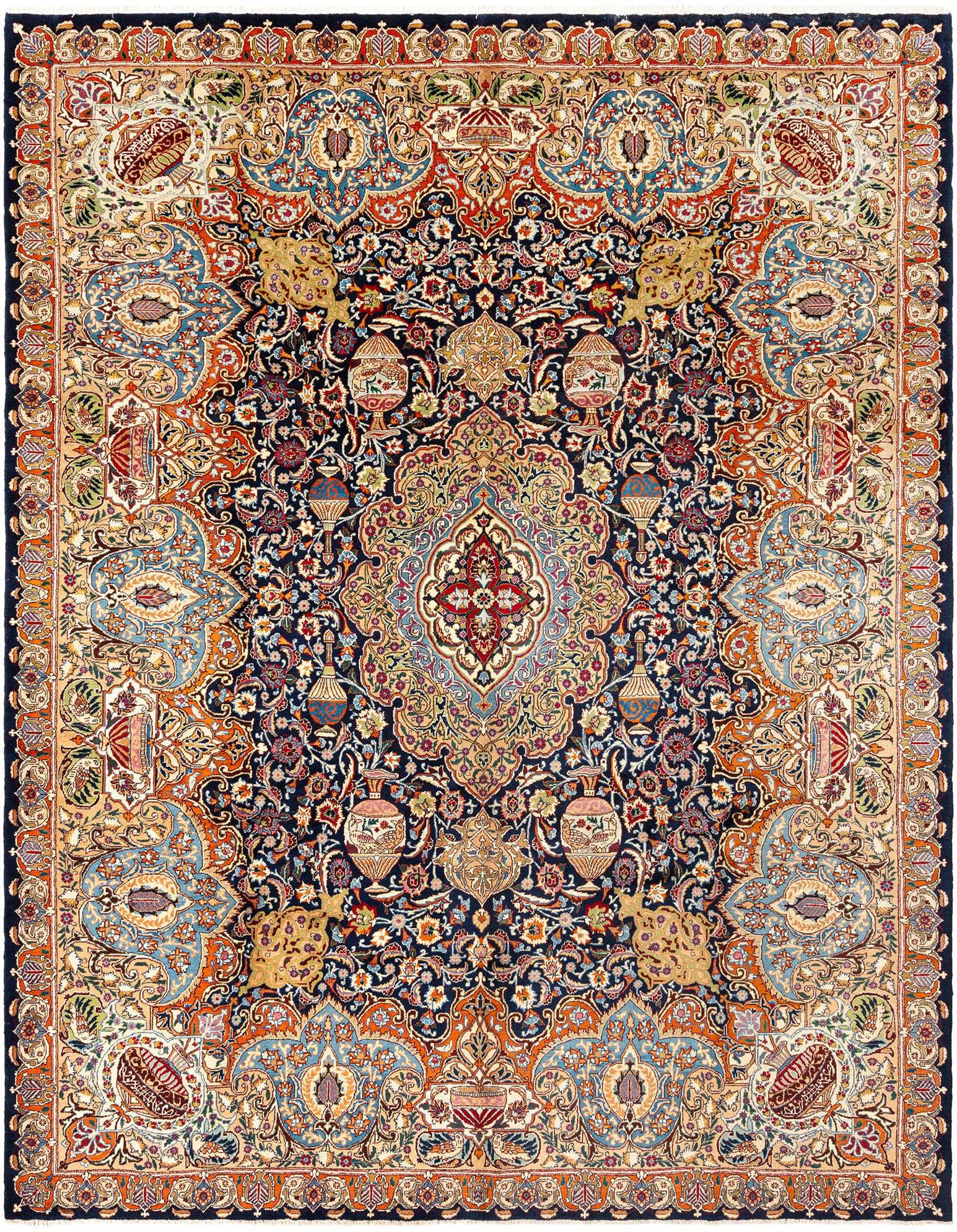 A rectangular 10x13 Persian rug with a rich navy blue background and intricate floral and medallion patterns in red, gold, and light blue.