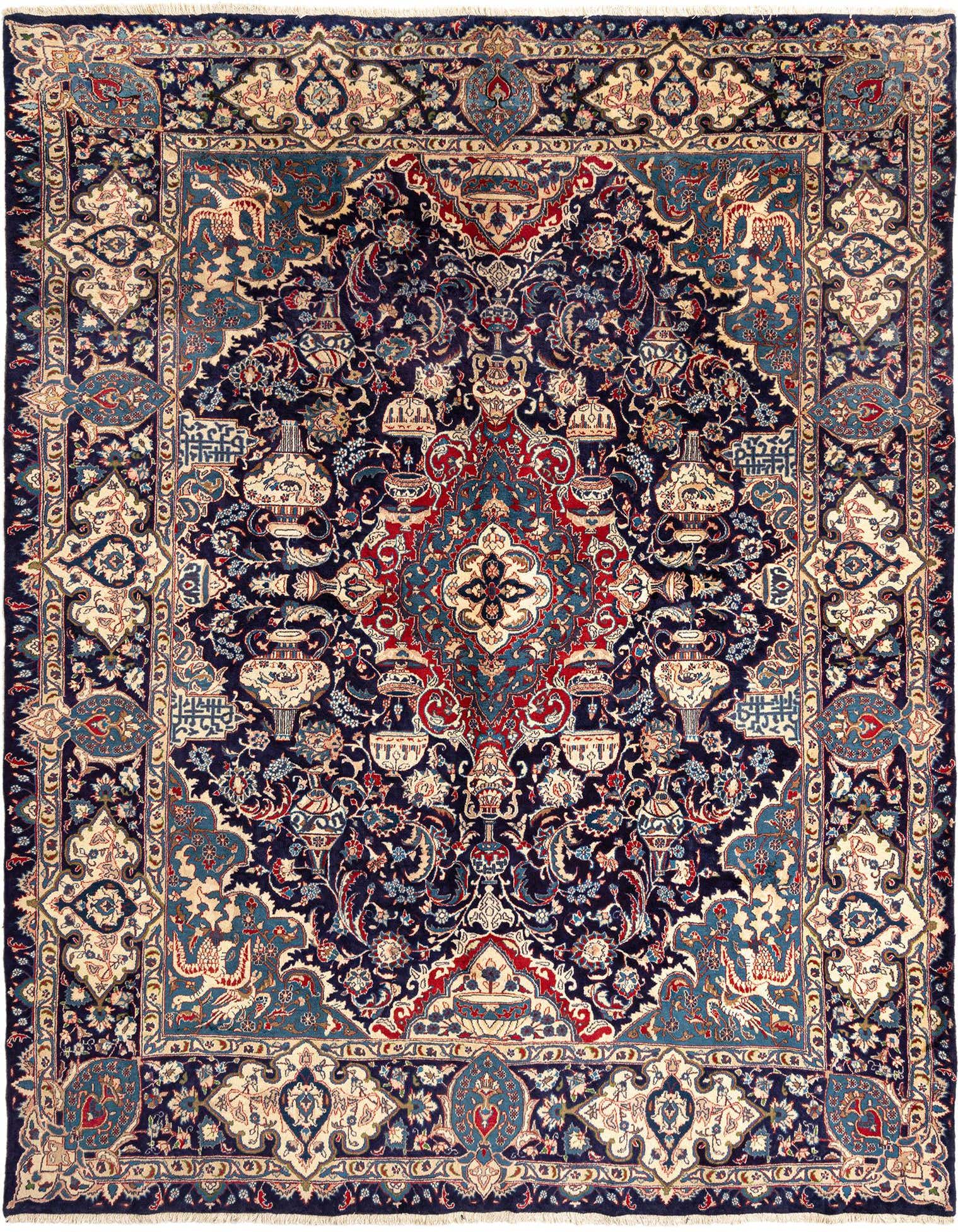 A large 10x12 rectangular Persian wool rug featuring an intricate traditional design in deep blues, red, and cream.