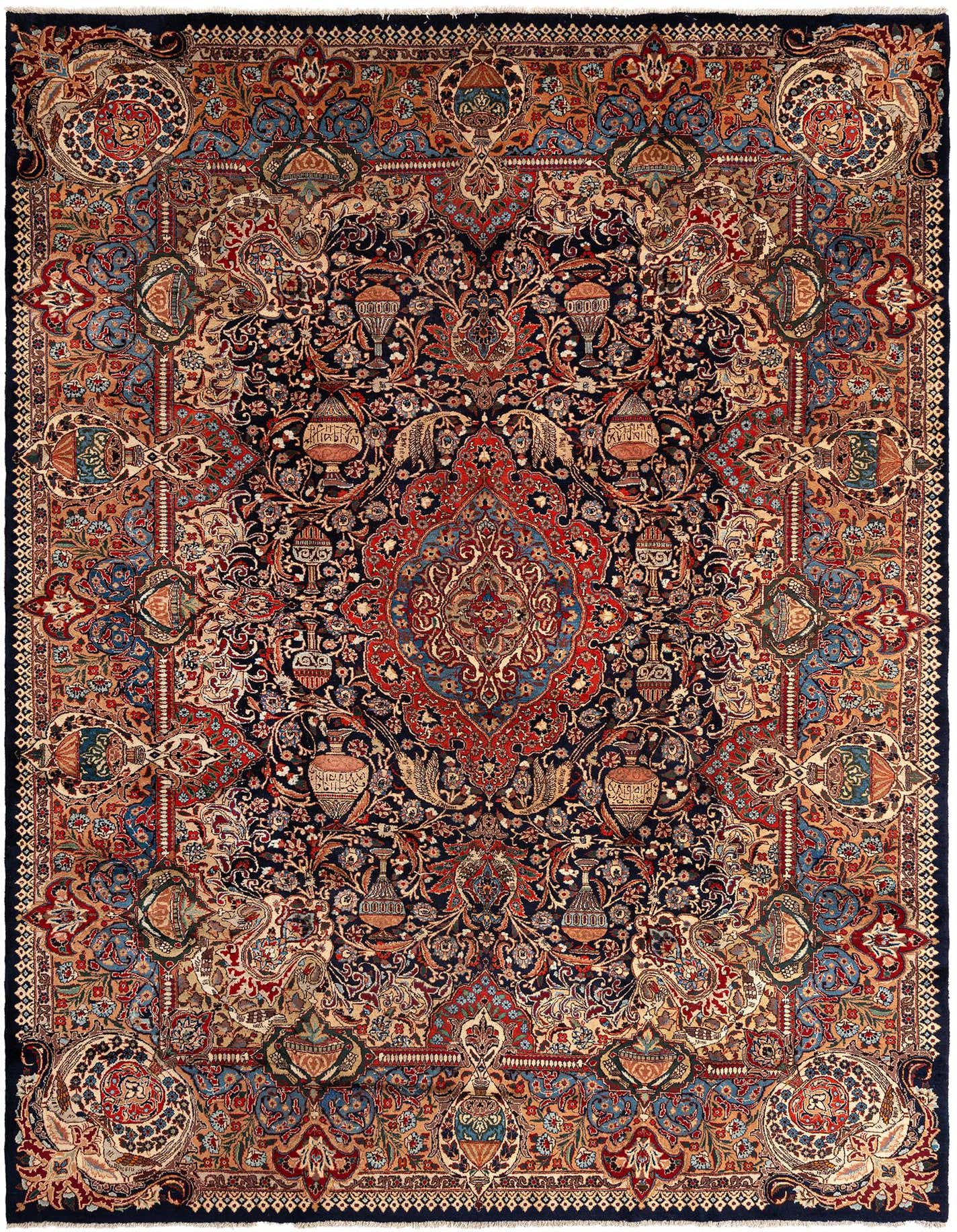 A 10x14 rectangular Kashmar Persian rug featuring intricate floral and medallion patterns in deep blues, reds, and creams.