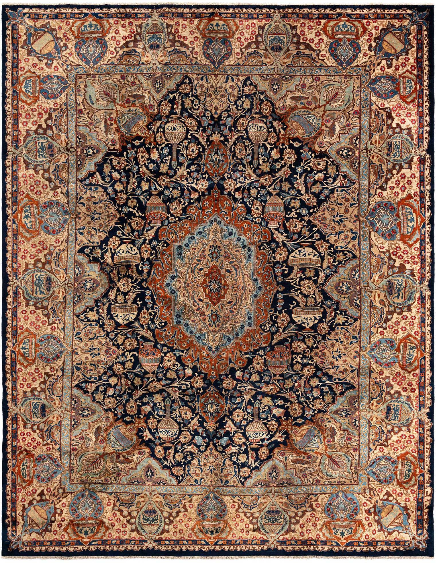A large 10x13 rectangular handmade Persian wool rug featuring a complex blue, rust, and beige medallion and border pattern.